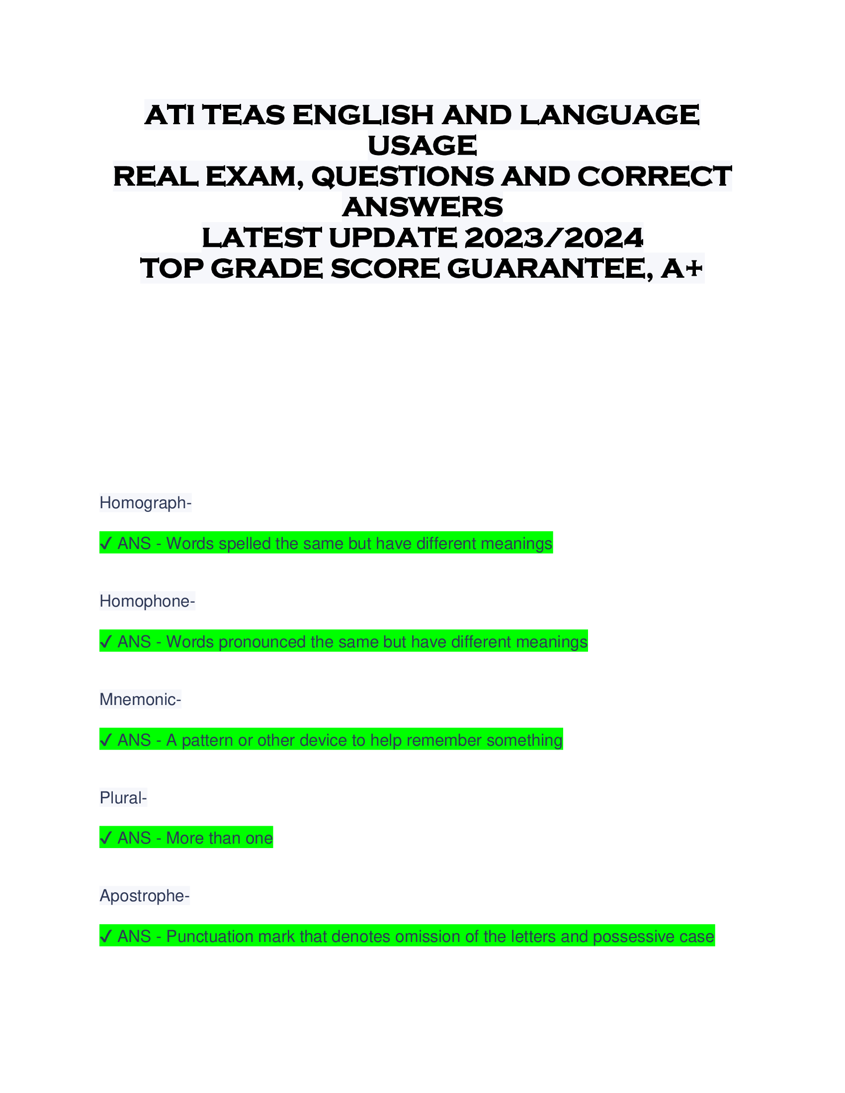 ATI TEAS ENGLISH AND LANGUAGE  USAGE  REAL EXAM, QUESTIONS AND CORRECT  ANSWERS  LATEST UPDATE 2023, 2024  TOP GRADE SCORE GUARANTEE, A+