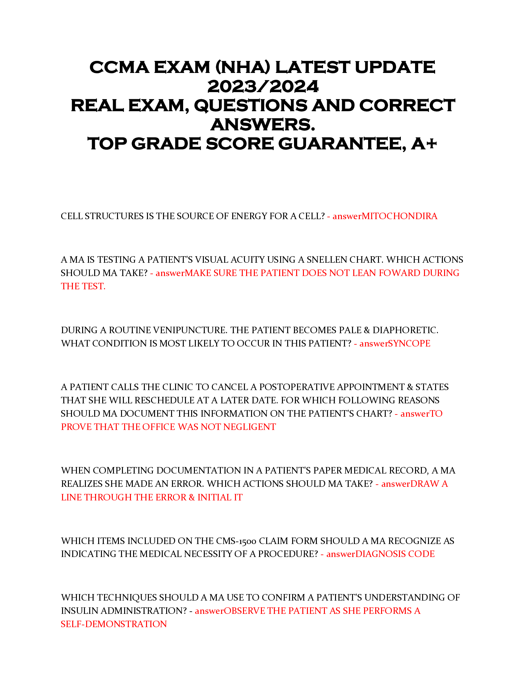 CCMA EXAM (NHA) LATEST UPDATE  2023, 2024  REAL EXAM, QUESTIONS AND CORRECT  ANSWERS.  TOP GRADE SCORE GUARANTEE, A+