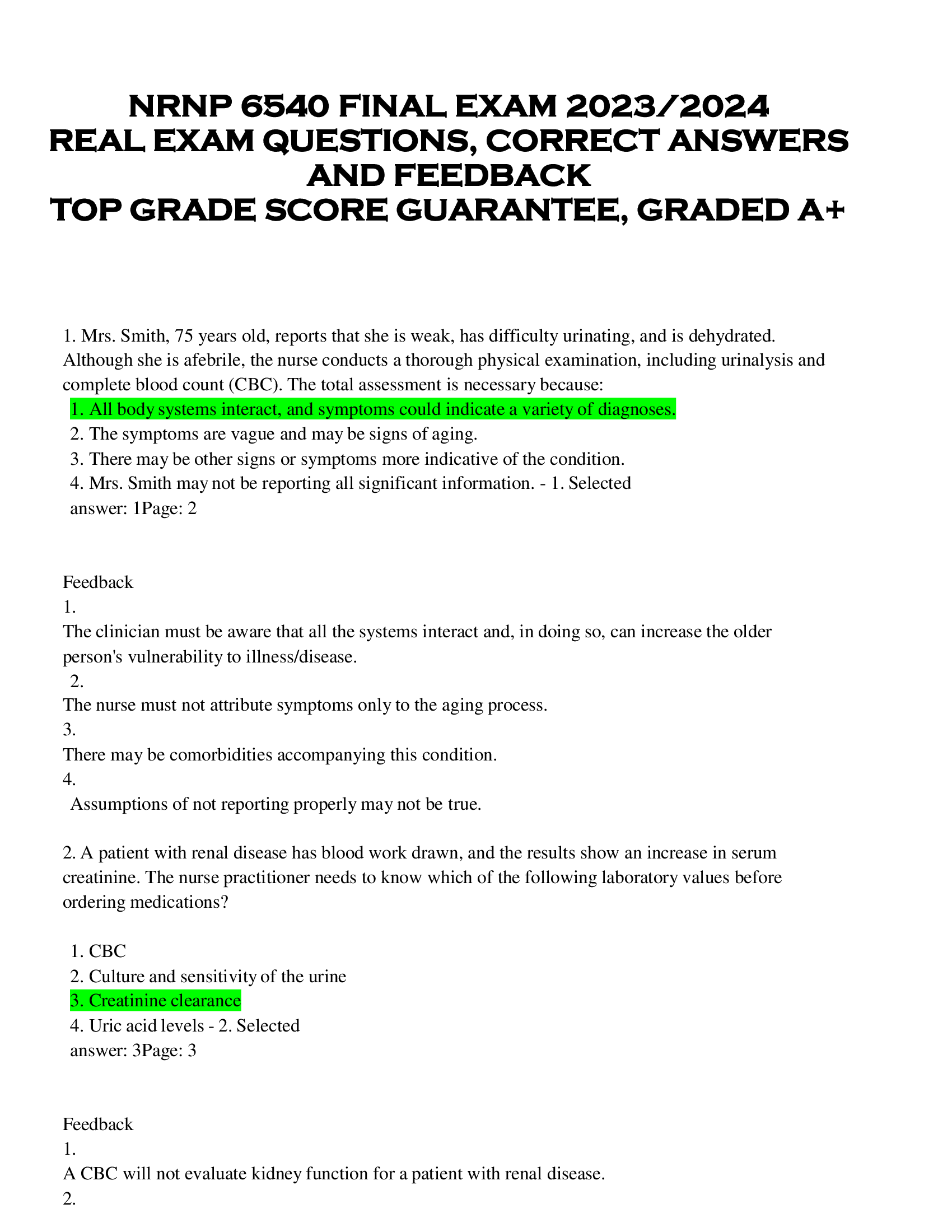 NRNP 6540 FINAL EXAM 2023 | 2024  REAL EXAM QUESTIONS, CORRECT ANSWERS  AND FEEDBACK  TOP GRADE SCORE GUARANTEE, GRADED A+