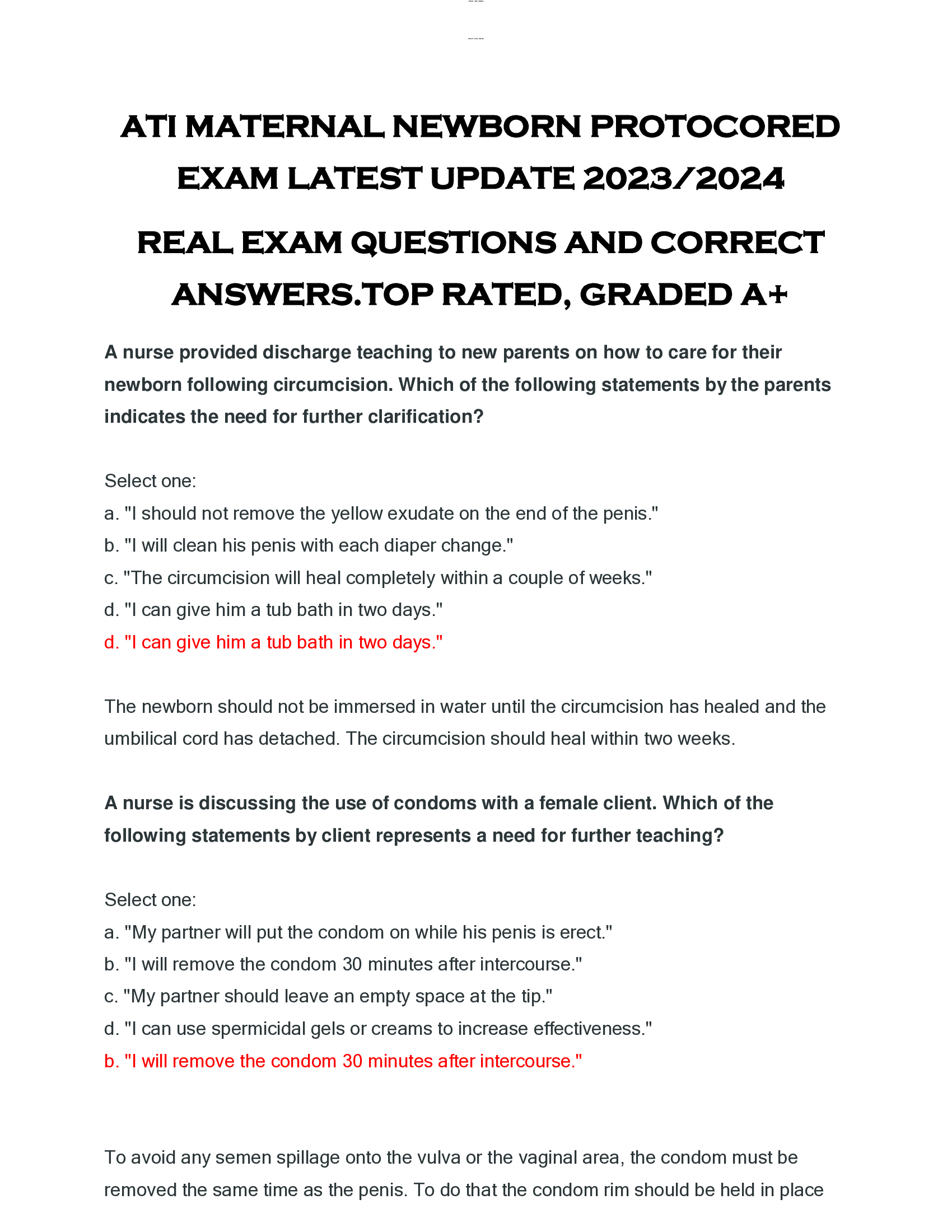 ATI MATERNAL NEWBORN PROTOCORED  EXAM LATEST UPDATE 2023, 2024  REAL EXAM QUESTIONS AND CORRECT  ANSWERS.TOP RATED, GRADED A+