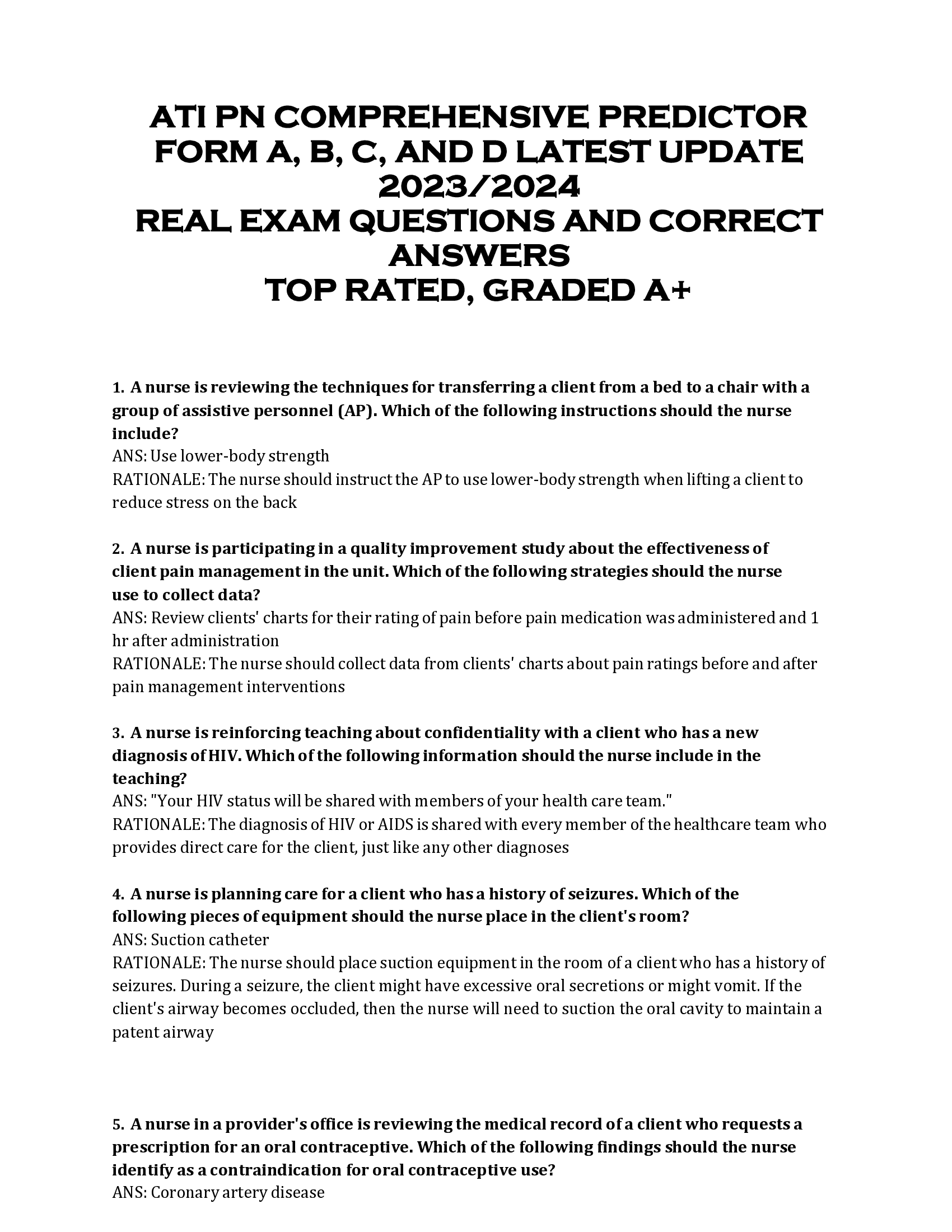 ATI PN COMPREHENSIVE PREDICTOR  FORM A, B, C, AND D LATEST UPDATE  2023, 2024  REAL EXAM QUESTIONS AND CORRECT  ANSWERS  TOP RATED, GRADED A+