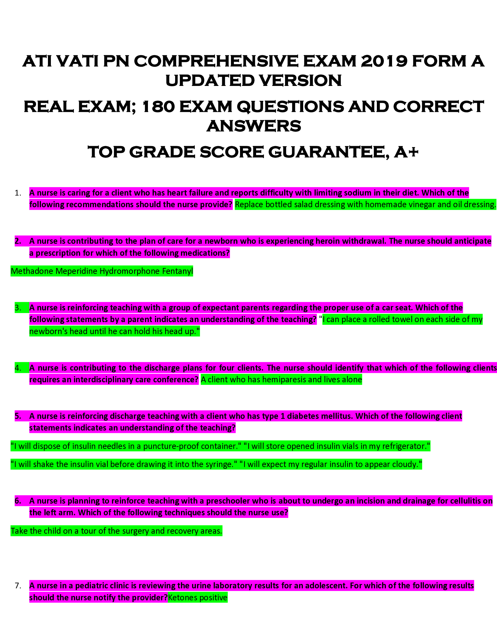 ATI VATI PN COMPREHENSIVE EXAM 2019 FORM A  UPDATED VERSION  REAL EXAM; 180 EXAM QUESTIONS AND CORRECT  ANSWERS  TOP GRADE SCORE GUARANTEE, A+