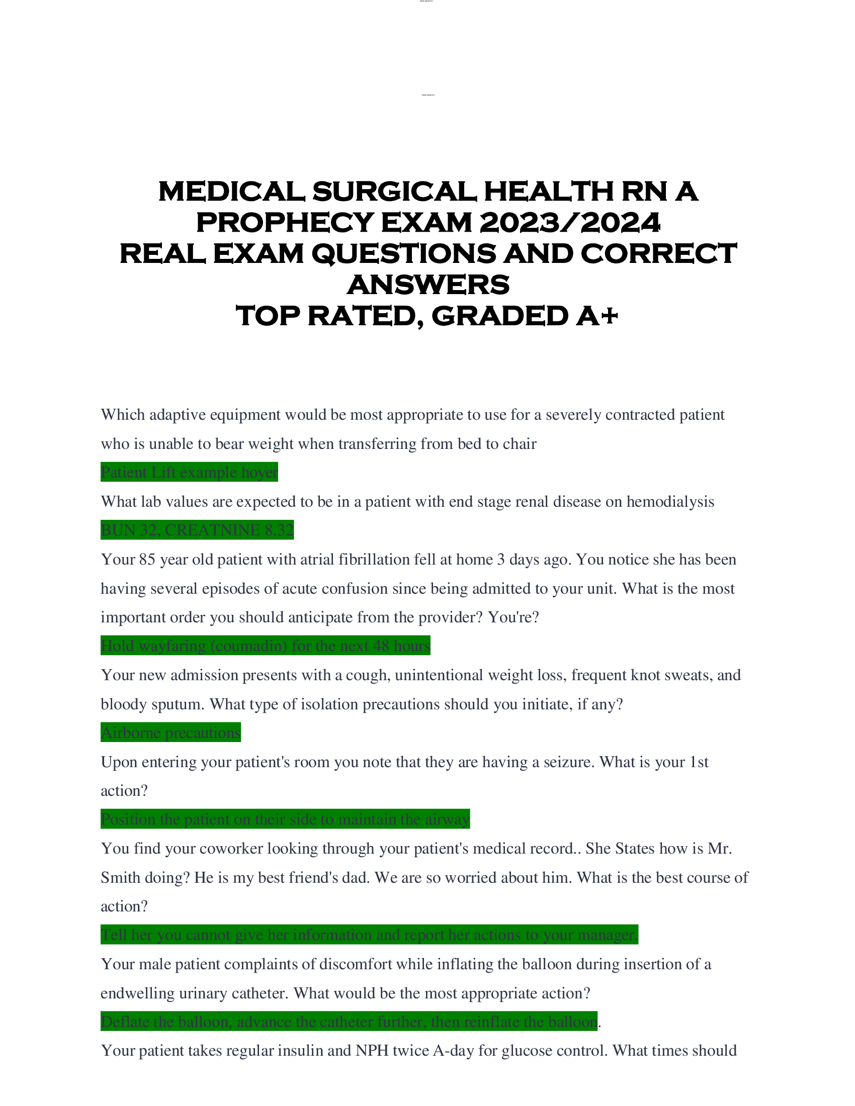 MEDICAL SURGICAL HEALTH RN A  PROPHECY EXAM 2023 | 2024  REAL EXAM QUESTIONS AND CORRECT  ANSWERS  TOP RATED, GRADED A+