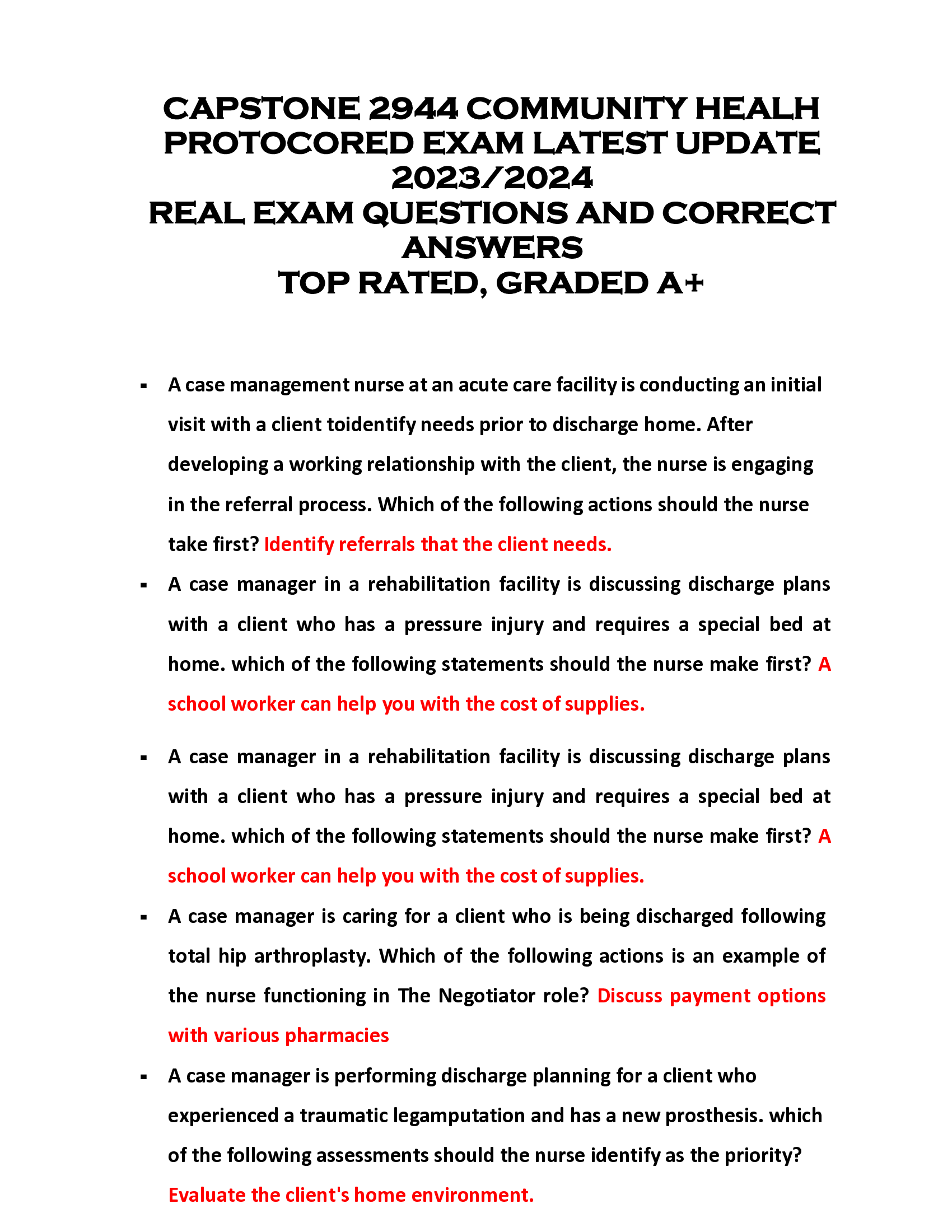 CAPSTONE 2944 COMMUNITY HEALH  PROTOCORED EXAM LATEST UPDATE  2023, 2024  REAL EXAM QUESTIONS AND CORRECT  ANSWERS  TOP RATED, GRADED A+