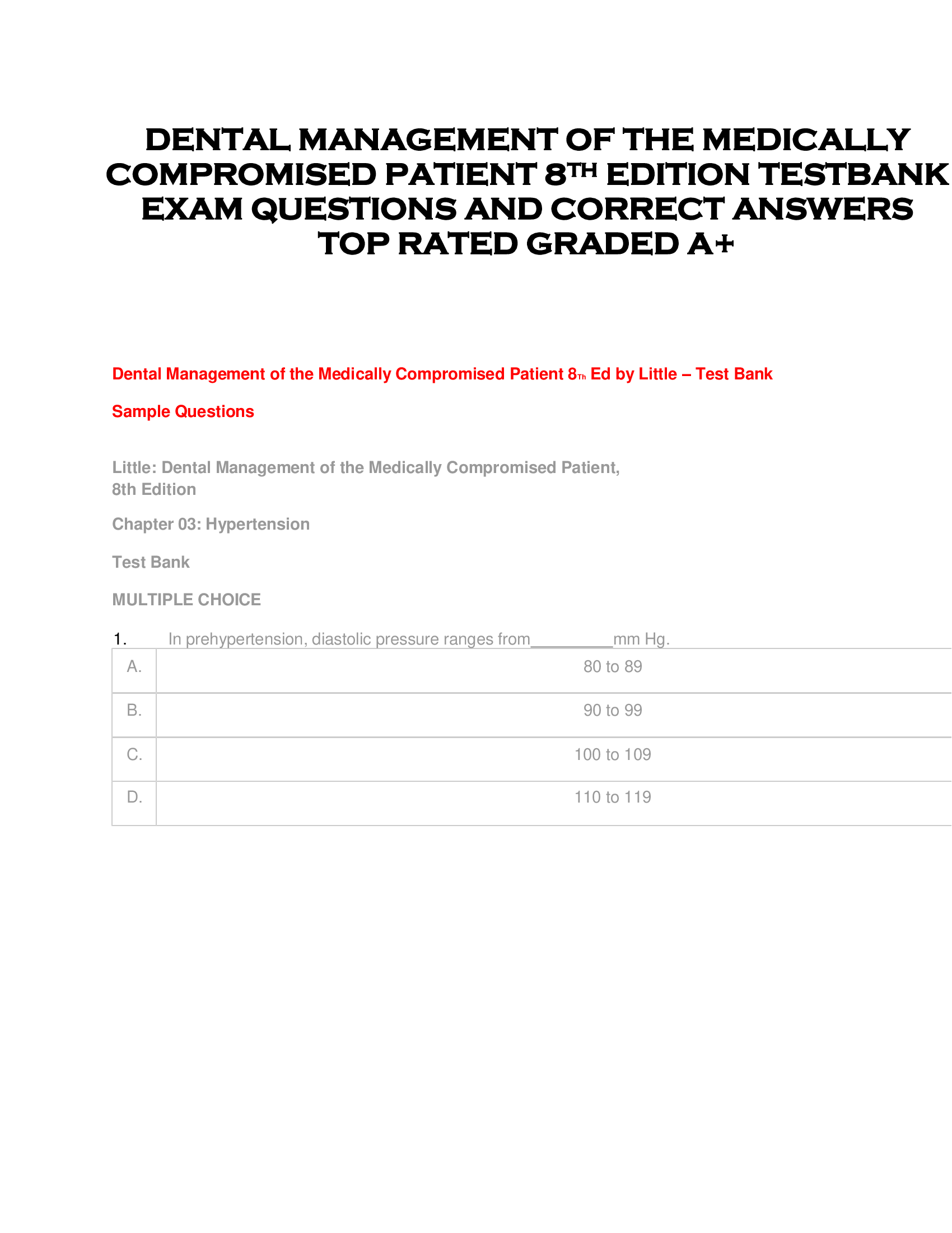 DENTAL MANAGEMENT OF THE MEDICALLY  COMPROMISED PATIENT 8TH EDITION TESTBANK  EXAM QUESTIONS AND CORRECT ANSWERS  TOP RATED GRADED A+