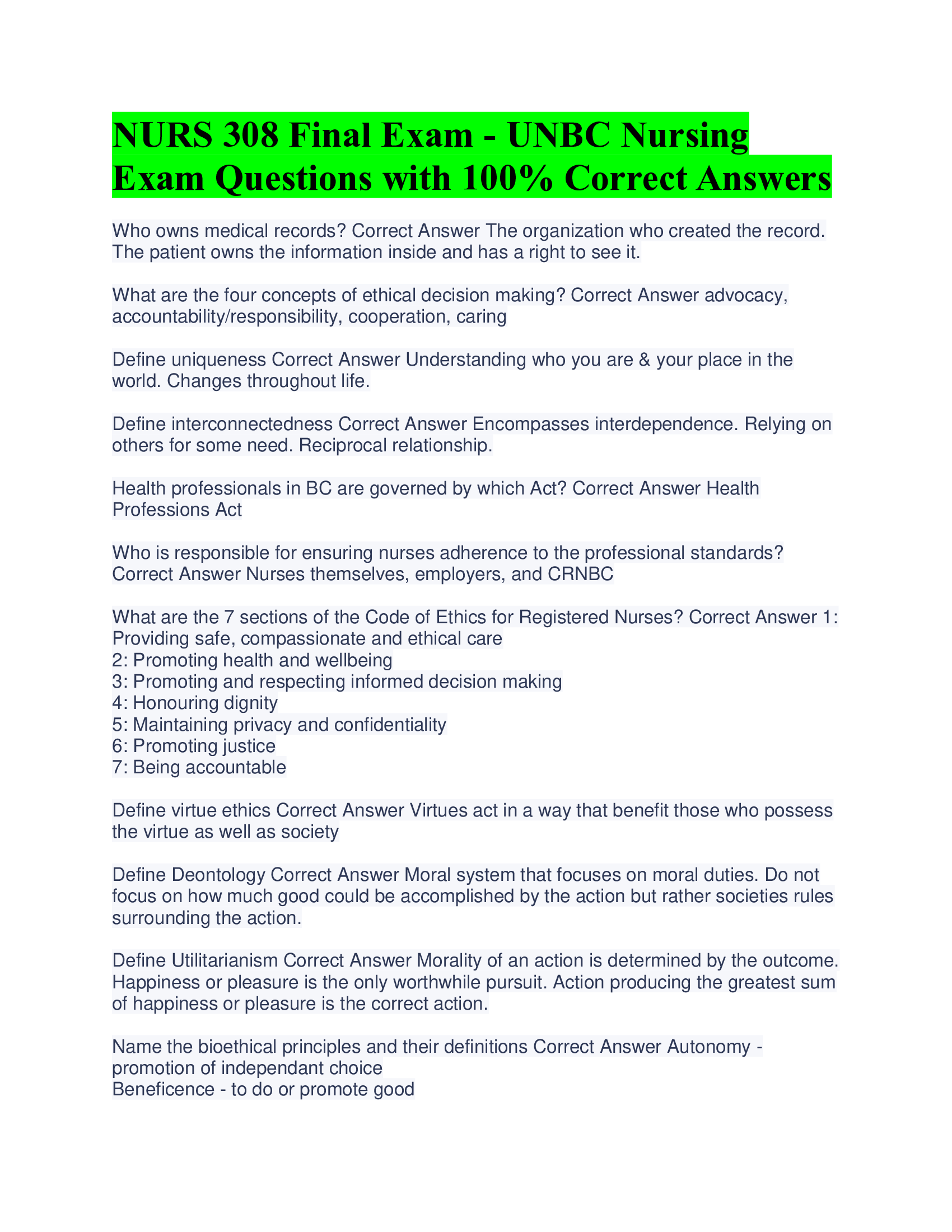 NURS 308 Final Exam - UNBC Nursing Exam Questions with Correct Answers