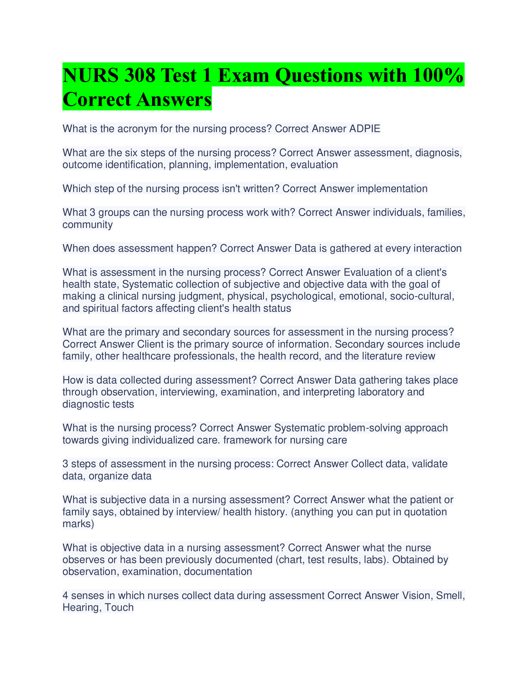 NURS 308 Test 1 Exam Questions with Correct Answers