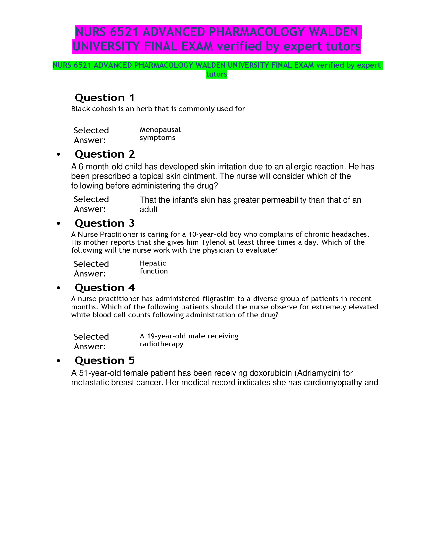 NURS 6521 ADVANCED PHARMACOLOGY WALDEN UNIVERSITY FINAL EXAM verified by expert tutors
