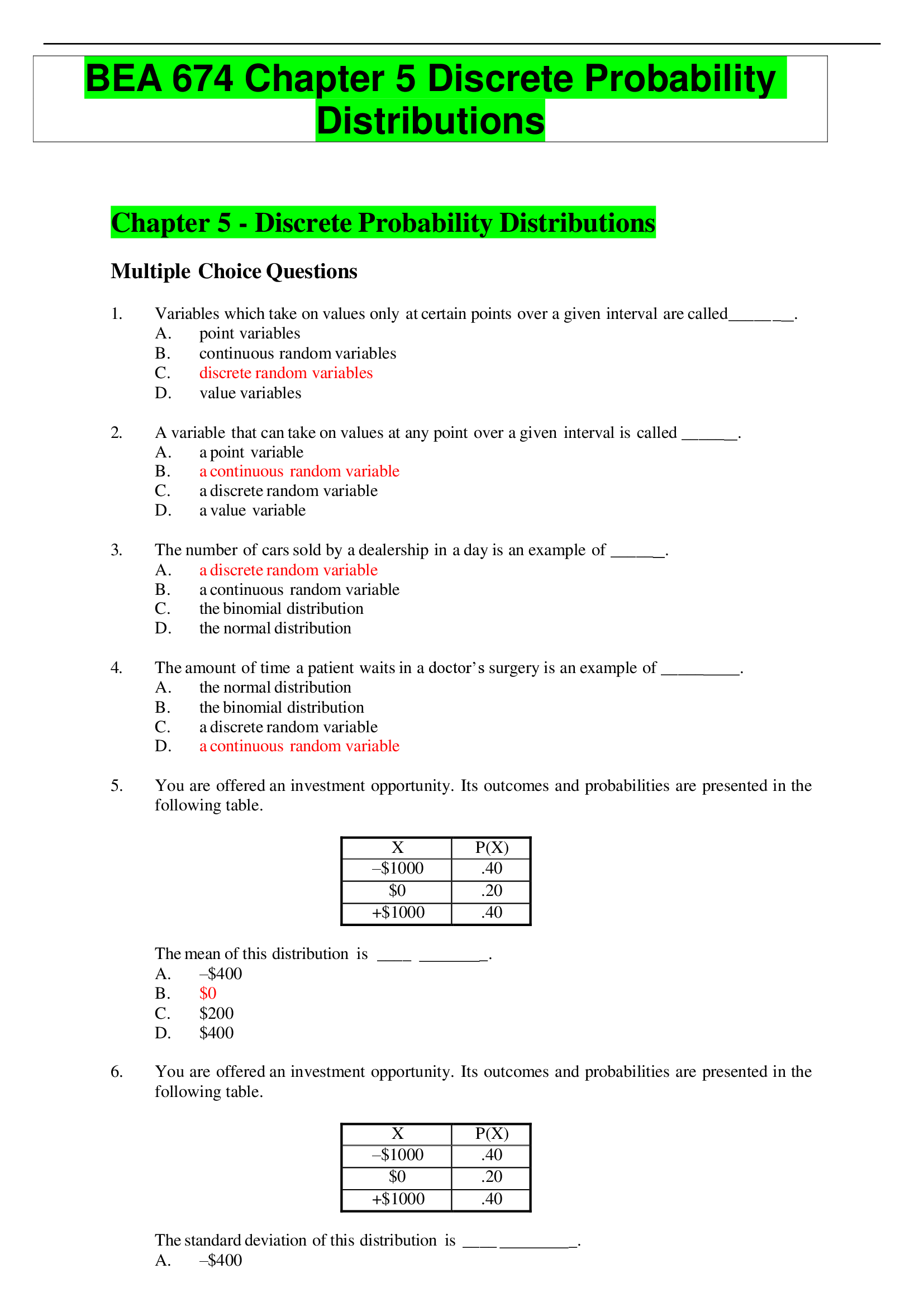 BEA 674 Chapter 5 Discrete Probability Distributions EXAM 100%  CORRECT