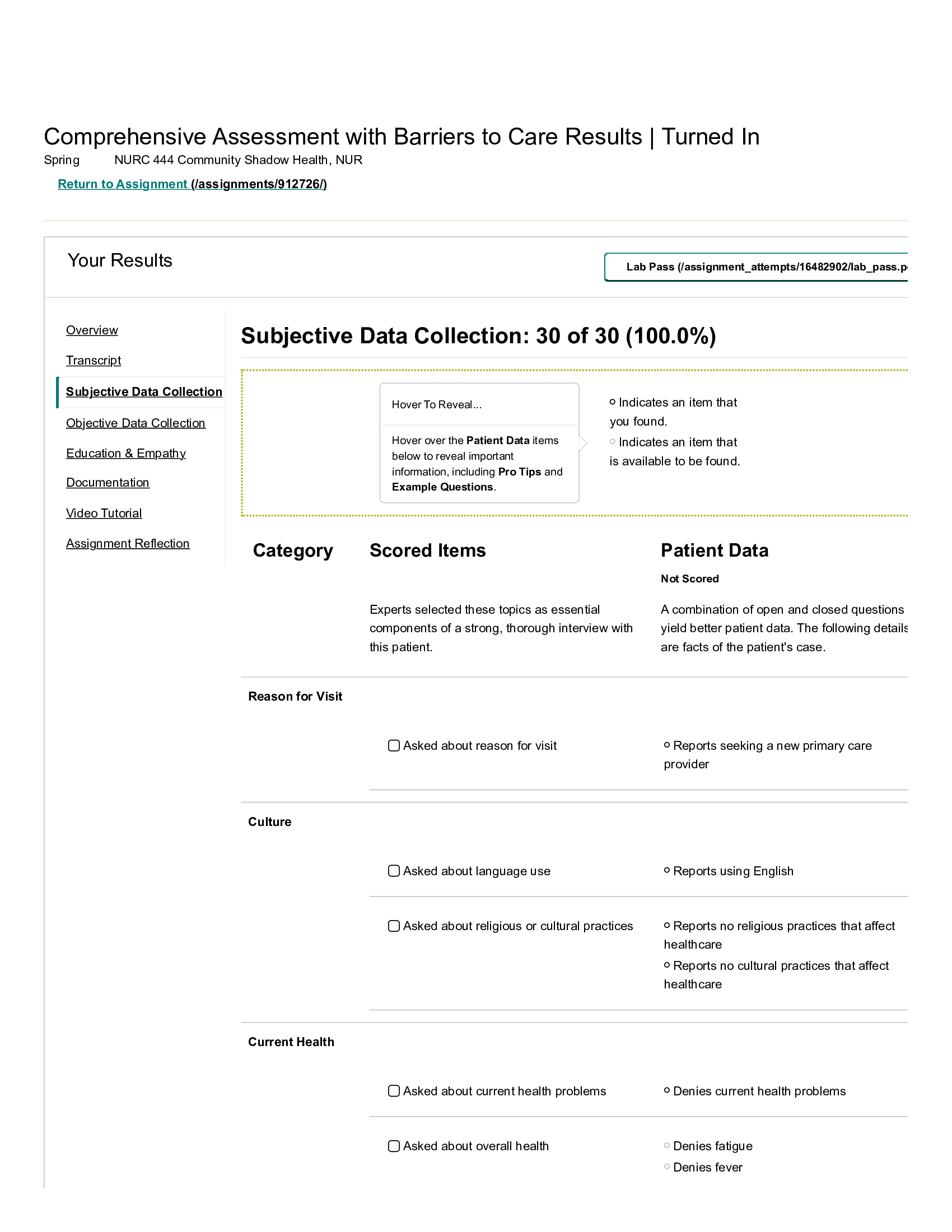 Subjective Tanner bailey Comprehensive Assessment with Barriers to Care