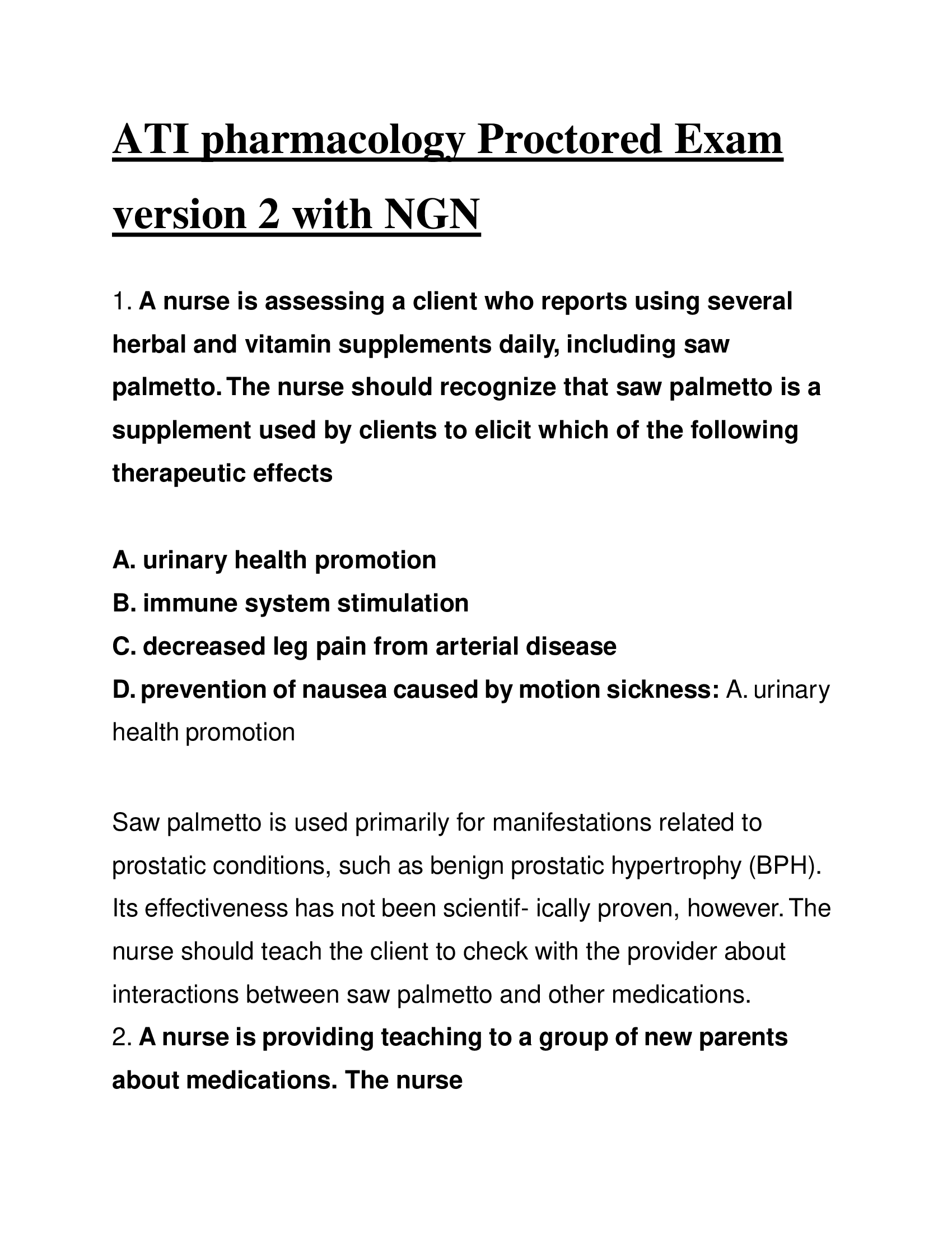 ATI pharmacology Proctored Exam version 2 with NGN