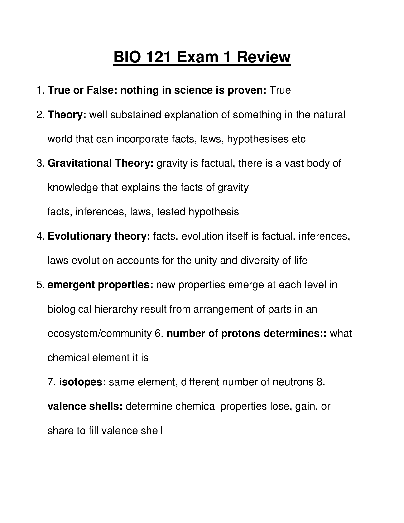 BIO 121 Exam 1 Review 2026 Questions and Answers
