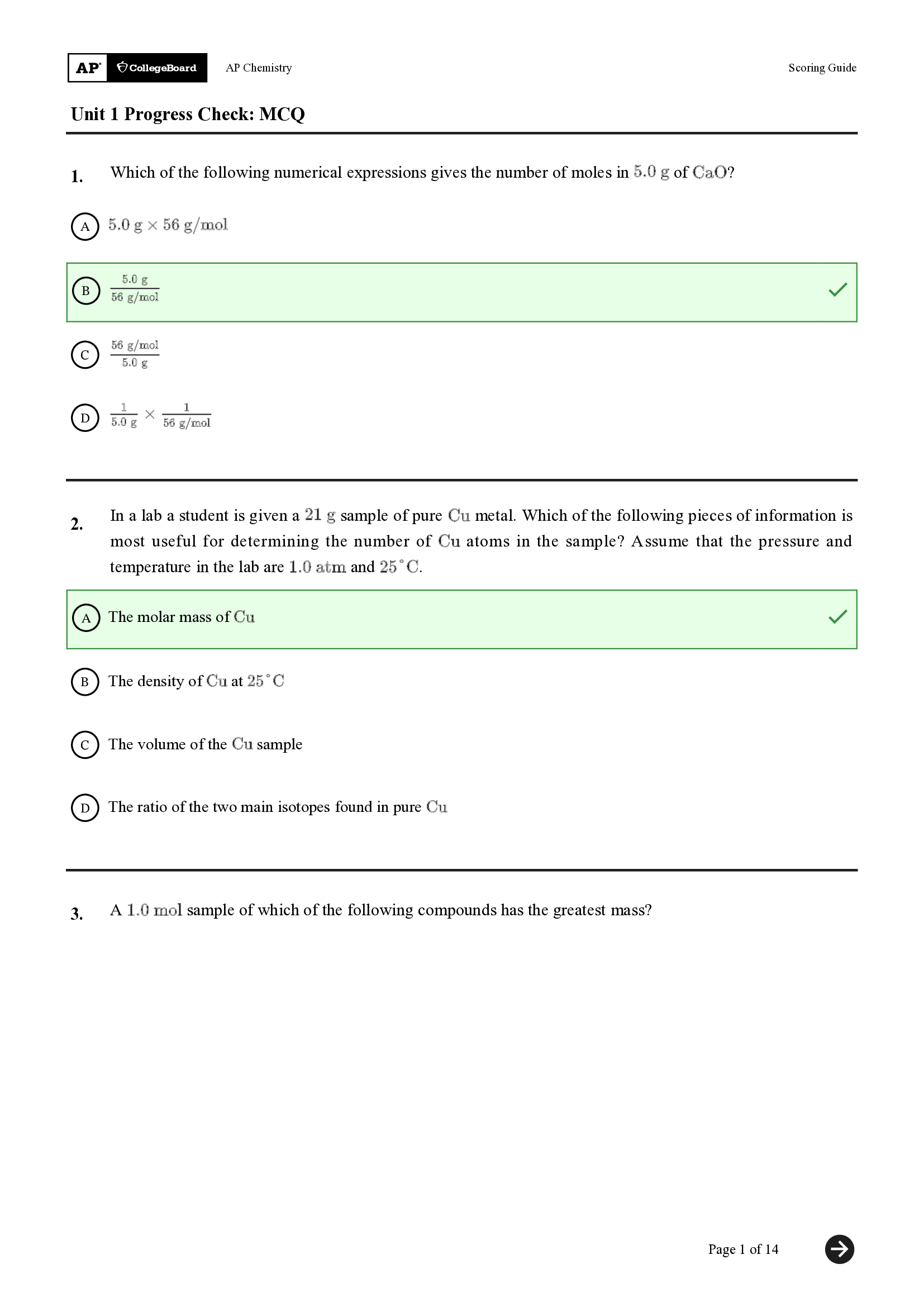 AP Chemistry Unit 1 Progress Check, MCQ Exam Questions and Answers with Rationales 2026