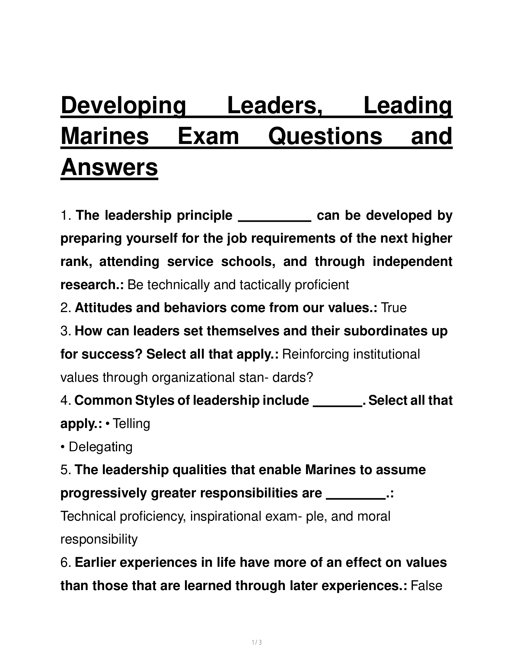 Developing Leaders, Leading Marines Exam Questions and Answers 2026