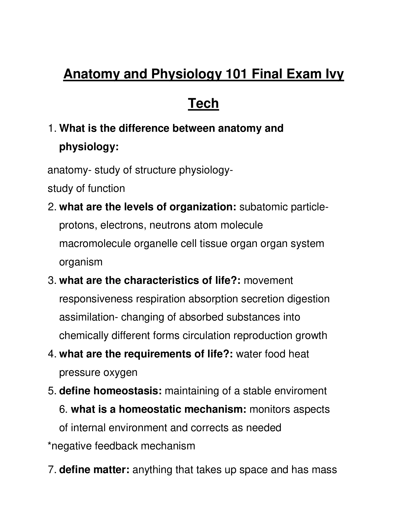 (Answered) Ivy Tech Anatomy and Physiology 101 Final Exam 2023