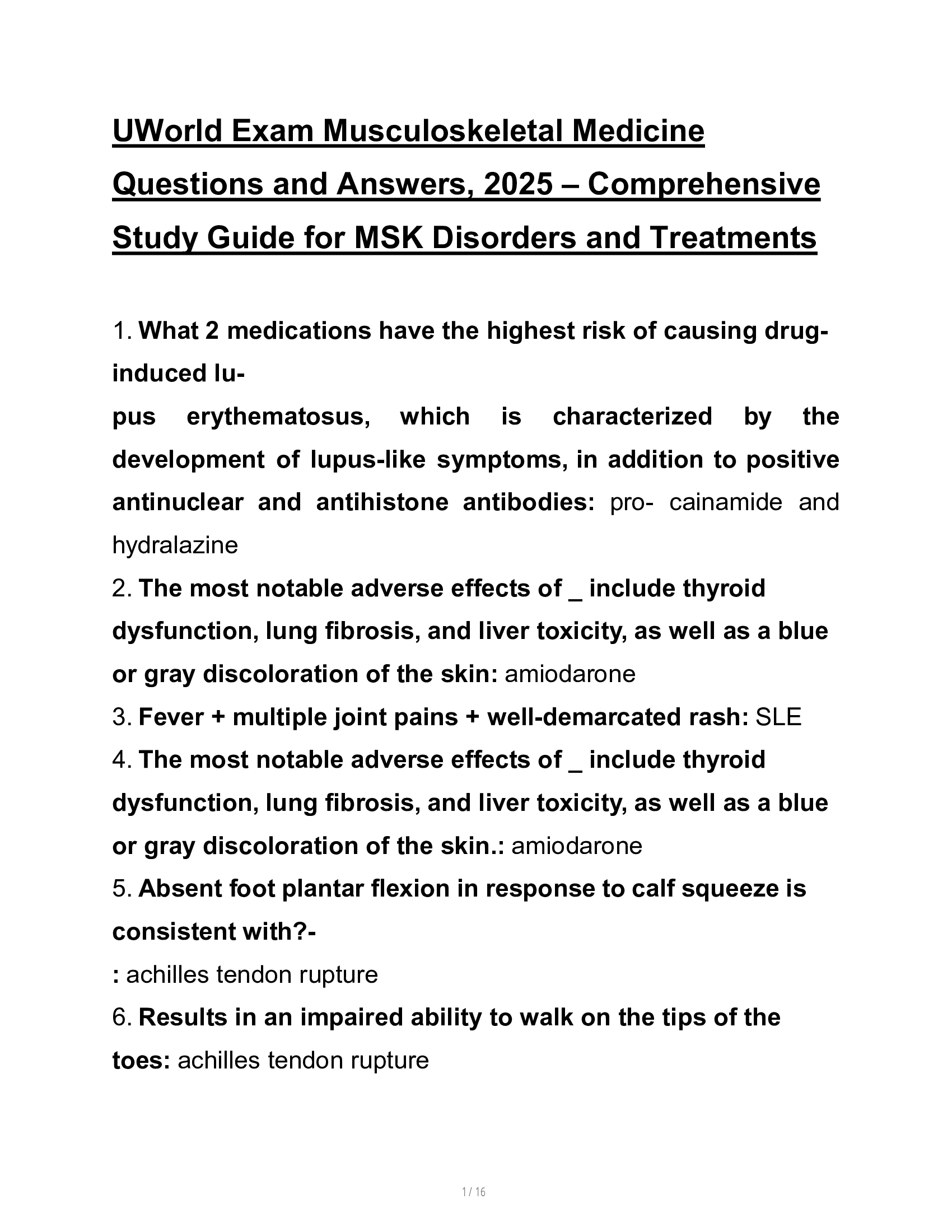 MSK  UWorld Exam Musculoskeletal Medicine Questions and Answers, 2026