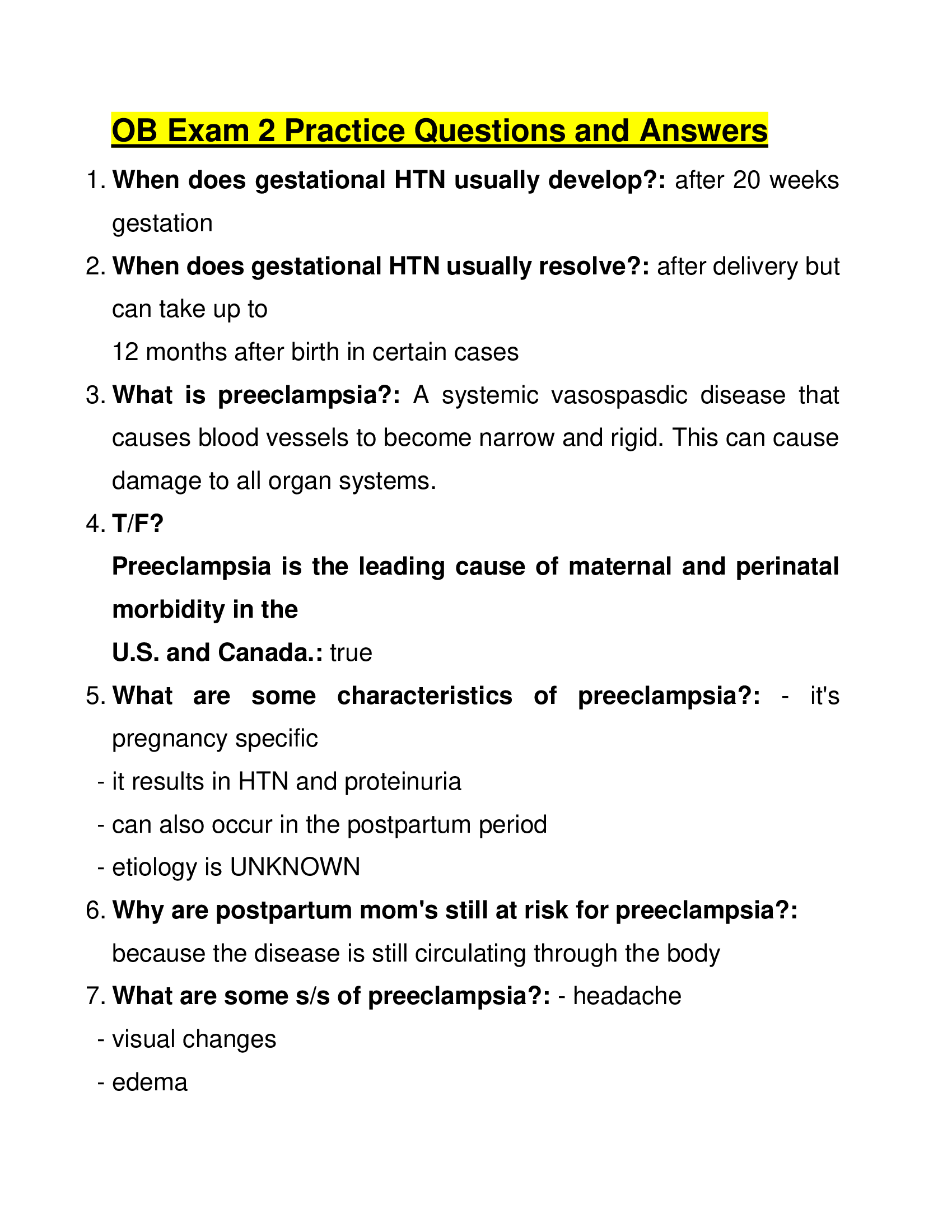 OB Exam 2 Practice Questions and Answers 2024 Study Material
