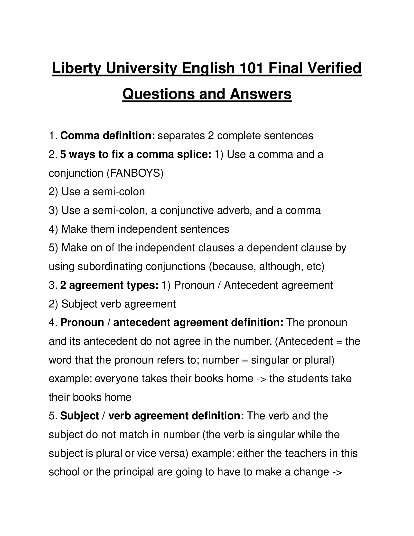 Liberty University English 101 Final Verified Questions and Answers 2026