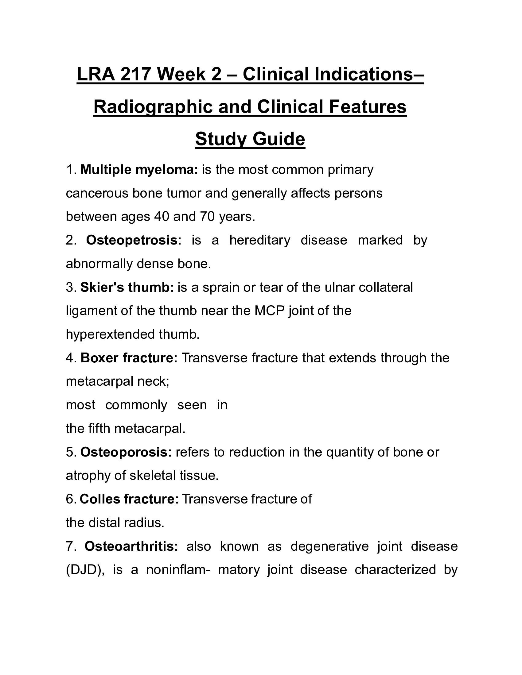 LRA 217 Week 2 – Clinical Indications, 2026 – Radiographic and Clinical Features Study Guide