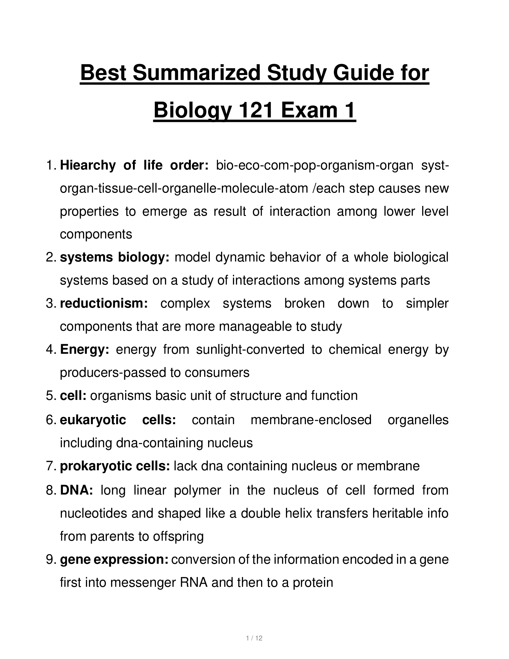 Best Summarized Study Guide for Biology 121 Exam 1