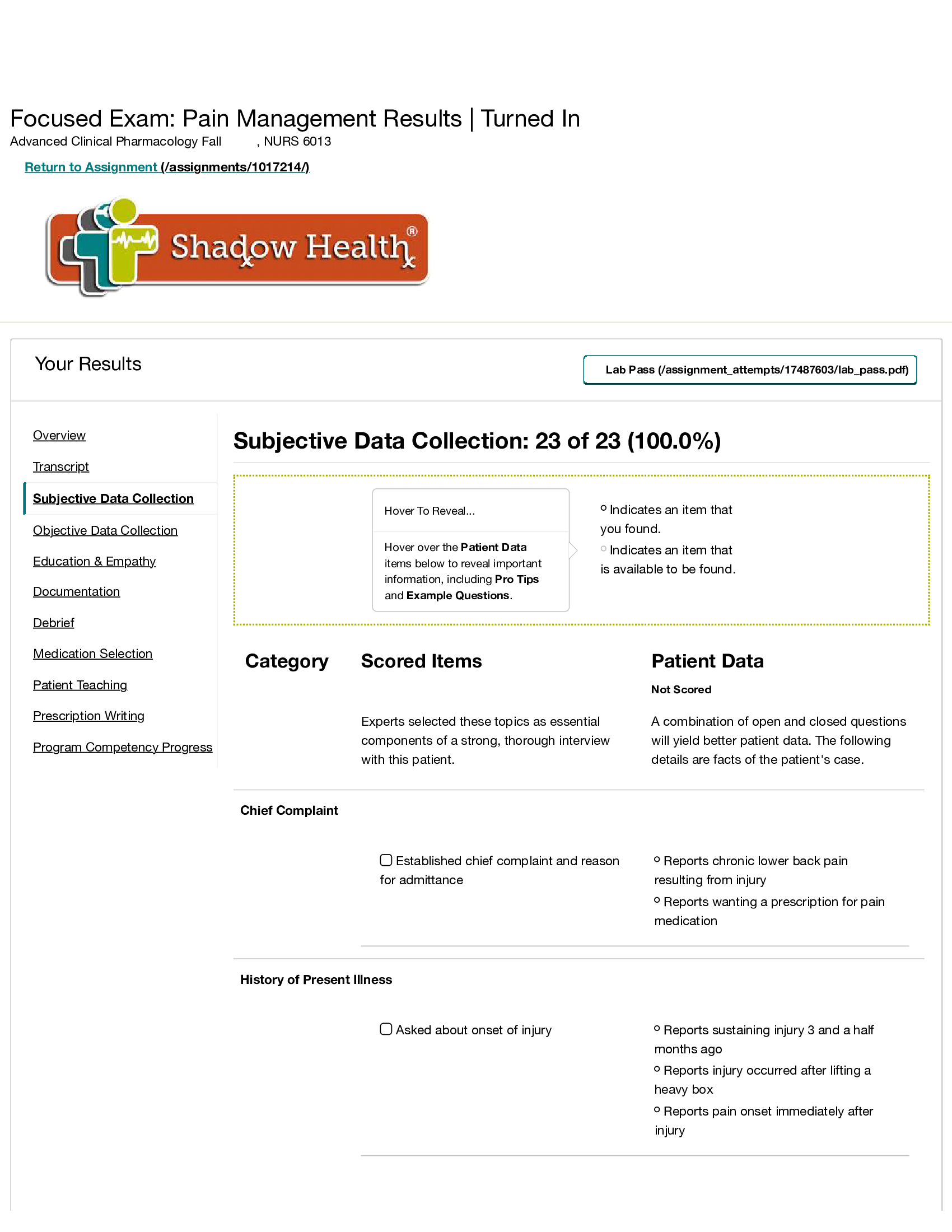 Tanner Bailey Subjective Data Reports chronic lower back pain resulting from injury
