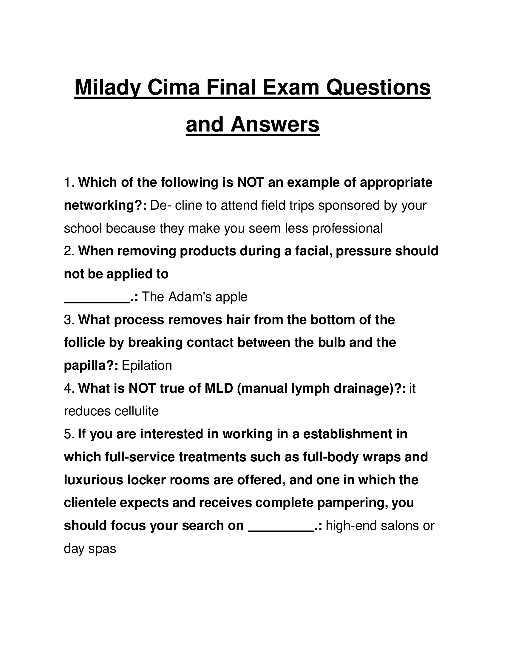 Milady Cima Final Exam Questions and Answers 2026