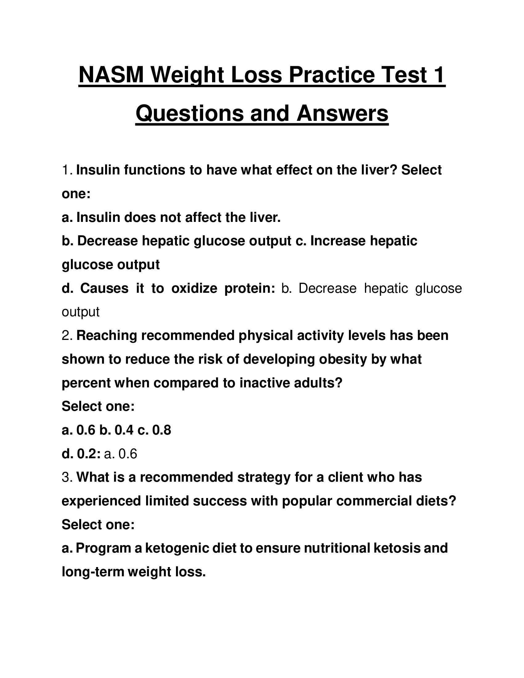 NASM Weight Loss Practice Test 1 Questions and Answers 2024