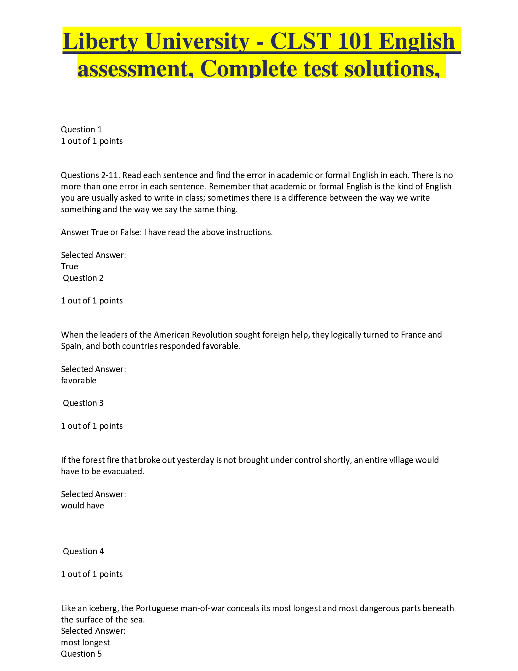 Liberty University CLST 101 English Assessment, Complete Test Answers, Latest 2026