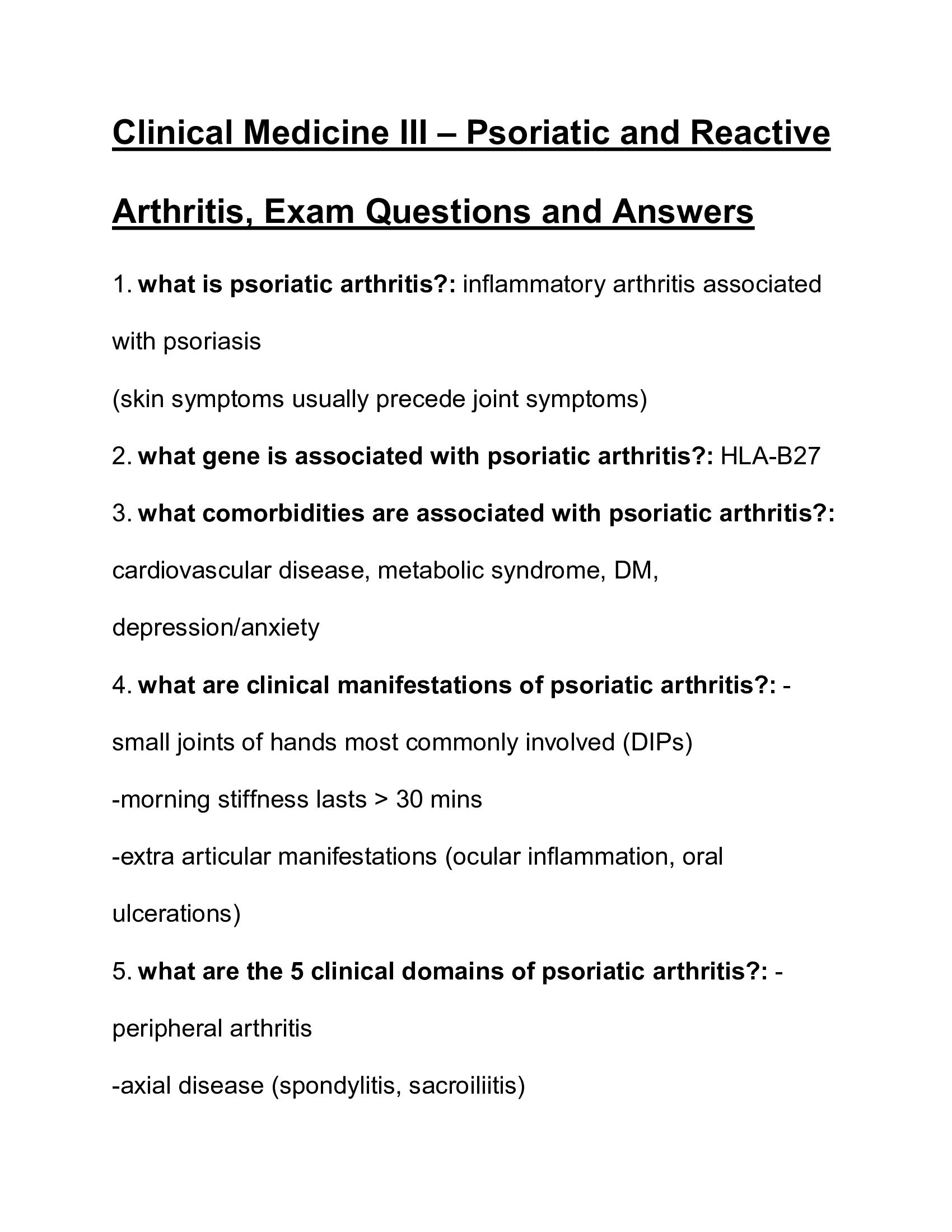 Clinical Medicine III – Psoriatic and Reactive Arthritis, 2026 Exam Questions and Answers