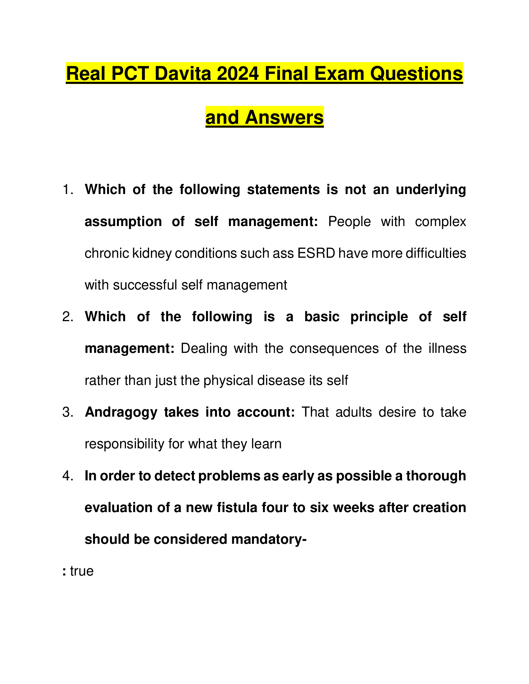 Real PCT Davita 2024 Final Exam Questions and Answers