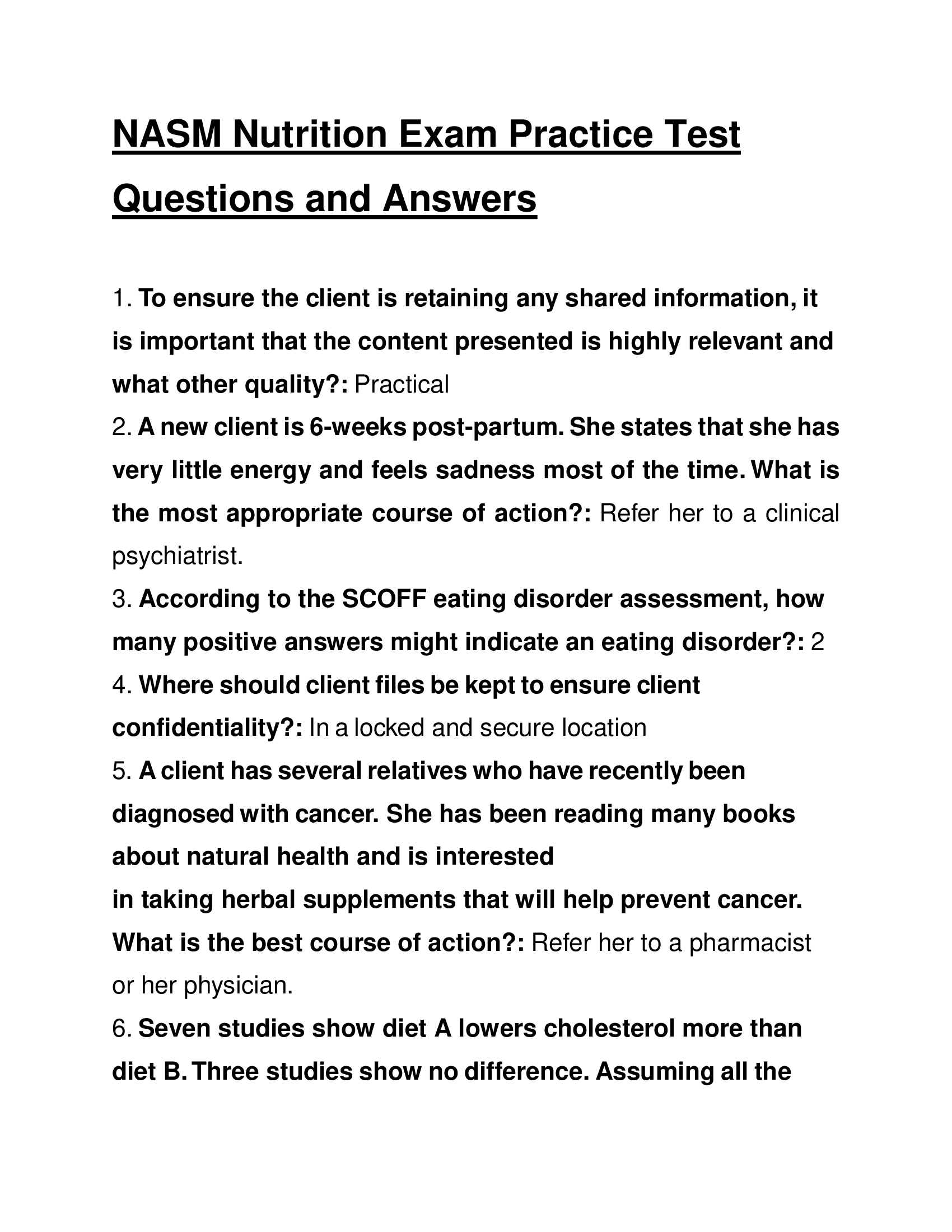 NASM Nutrition Exam Practice Test Questions and Answers 2024 (PDF)