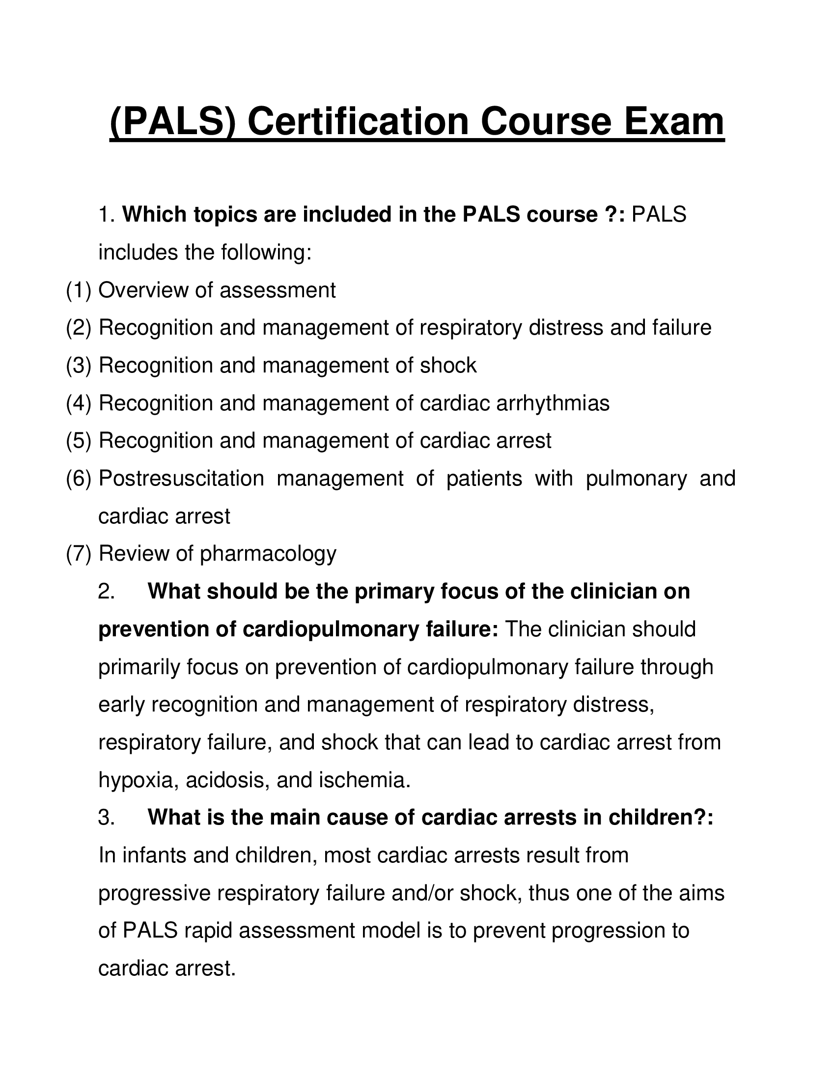 Pediatric Advanced Life Support (PALS) Certification Course Exam Answers 2023