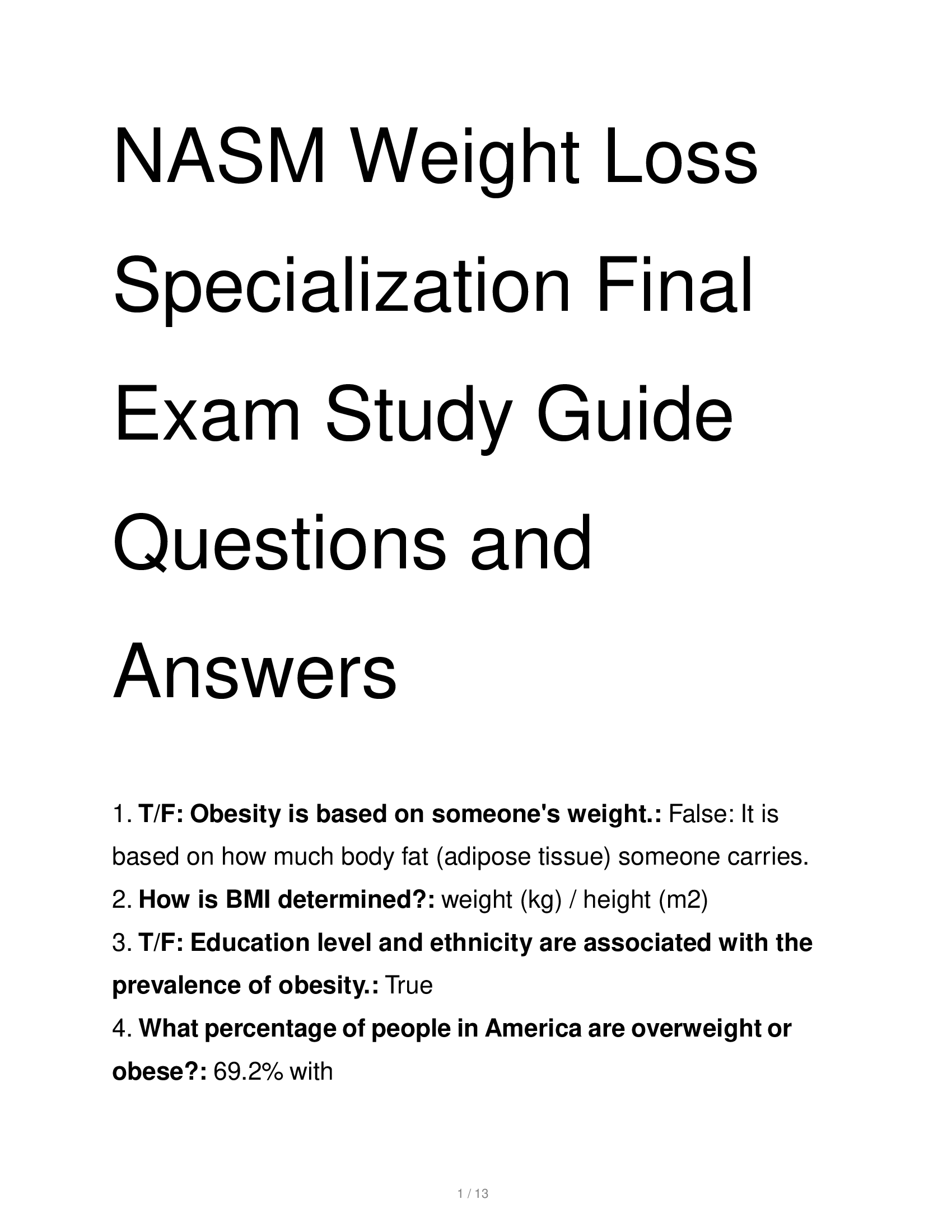 NASM Weight Loss Specialization Final Exam Study Guide Questions and Answers 2024