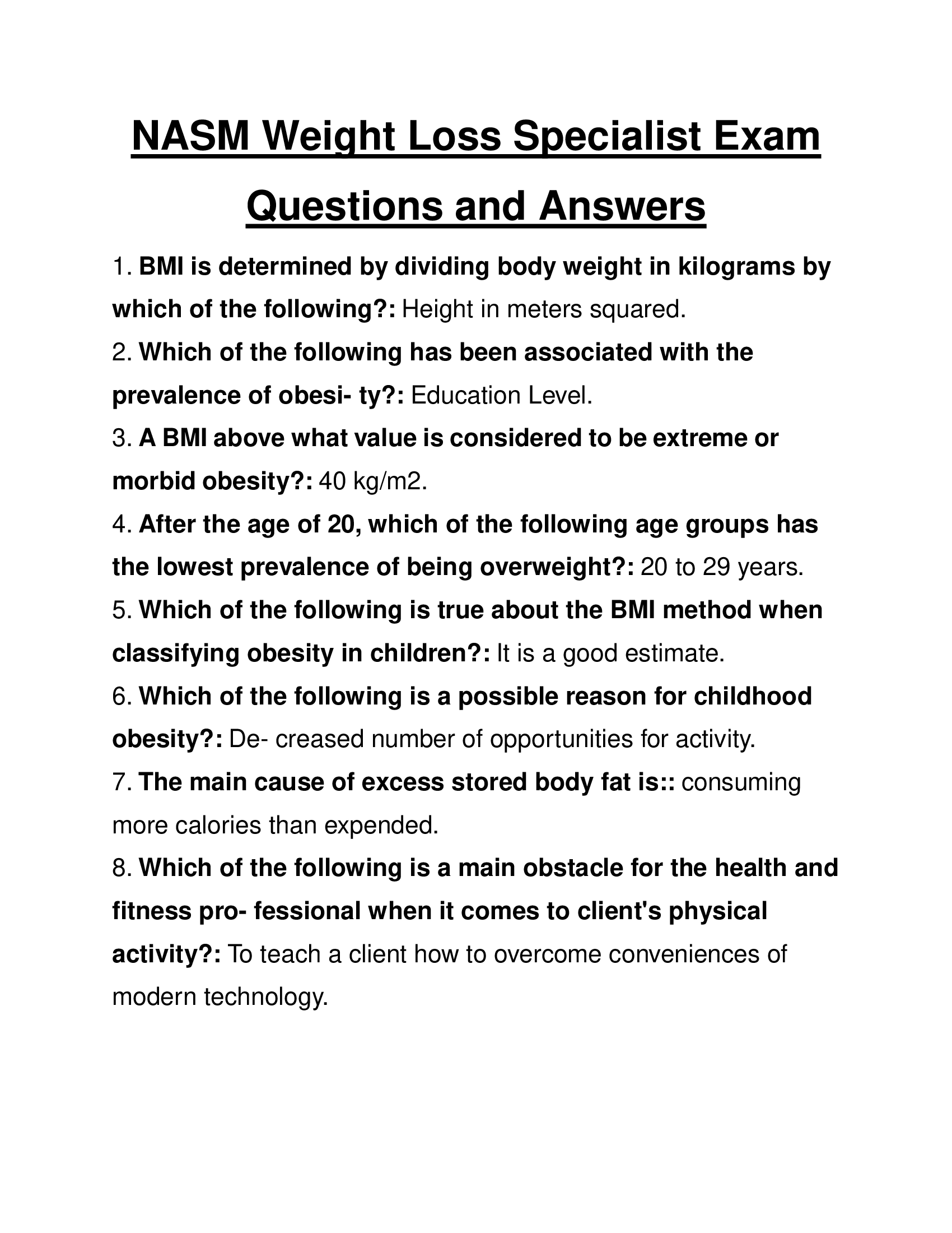 NASM Weight Loss Specialist Exam Questions and Answers 2024