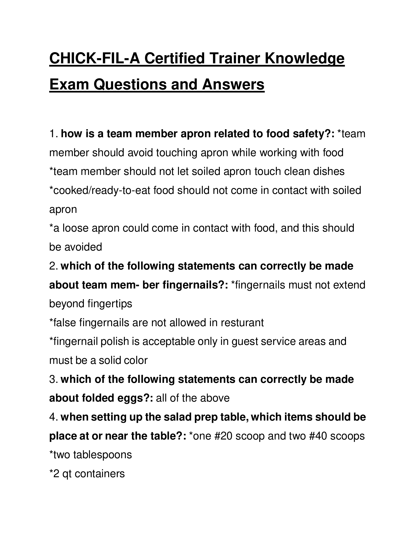 CHICK-FIL-A Certified Trainer Knowledge Exam Questions and Answers