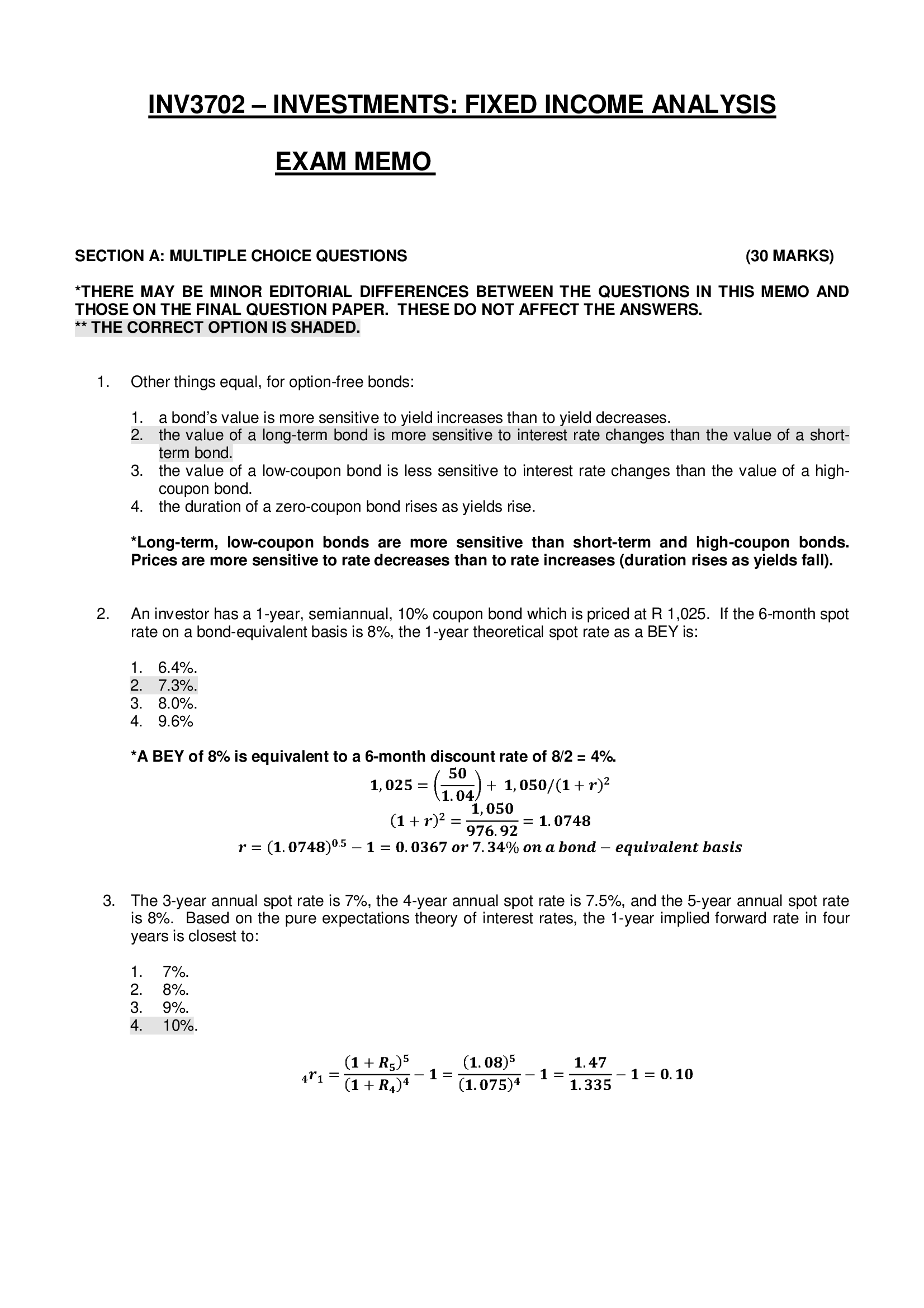 INV3702 – Investments, Fixed Income Analysis Exam Memo 2024 UNISA