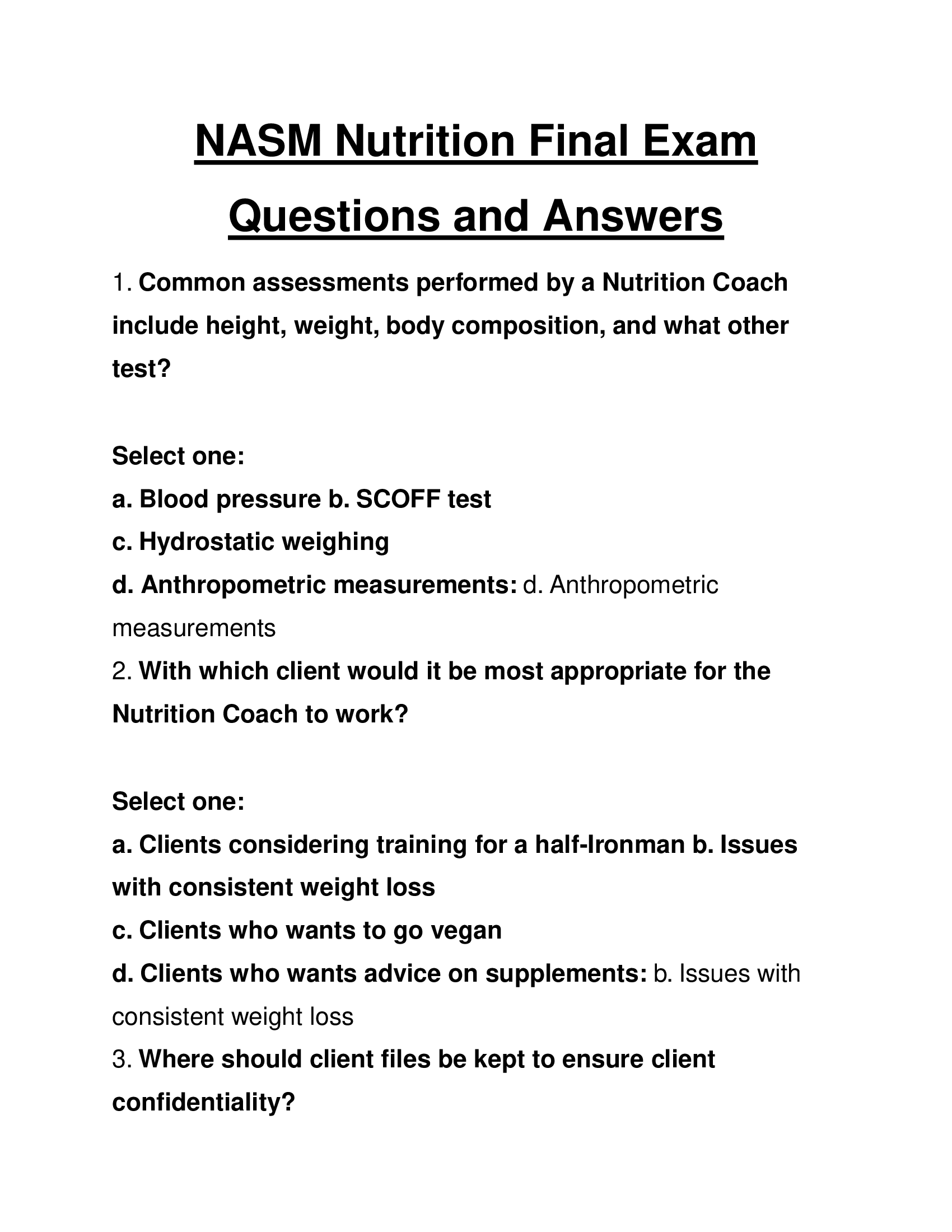 NASM Nutrition Final Exam Questions and Answers 2024