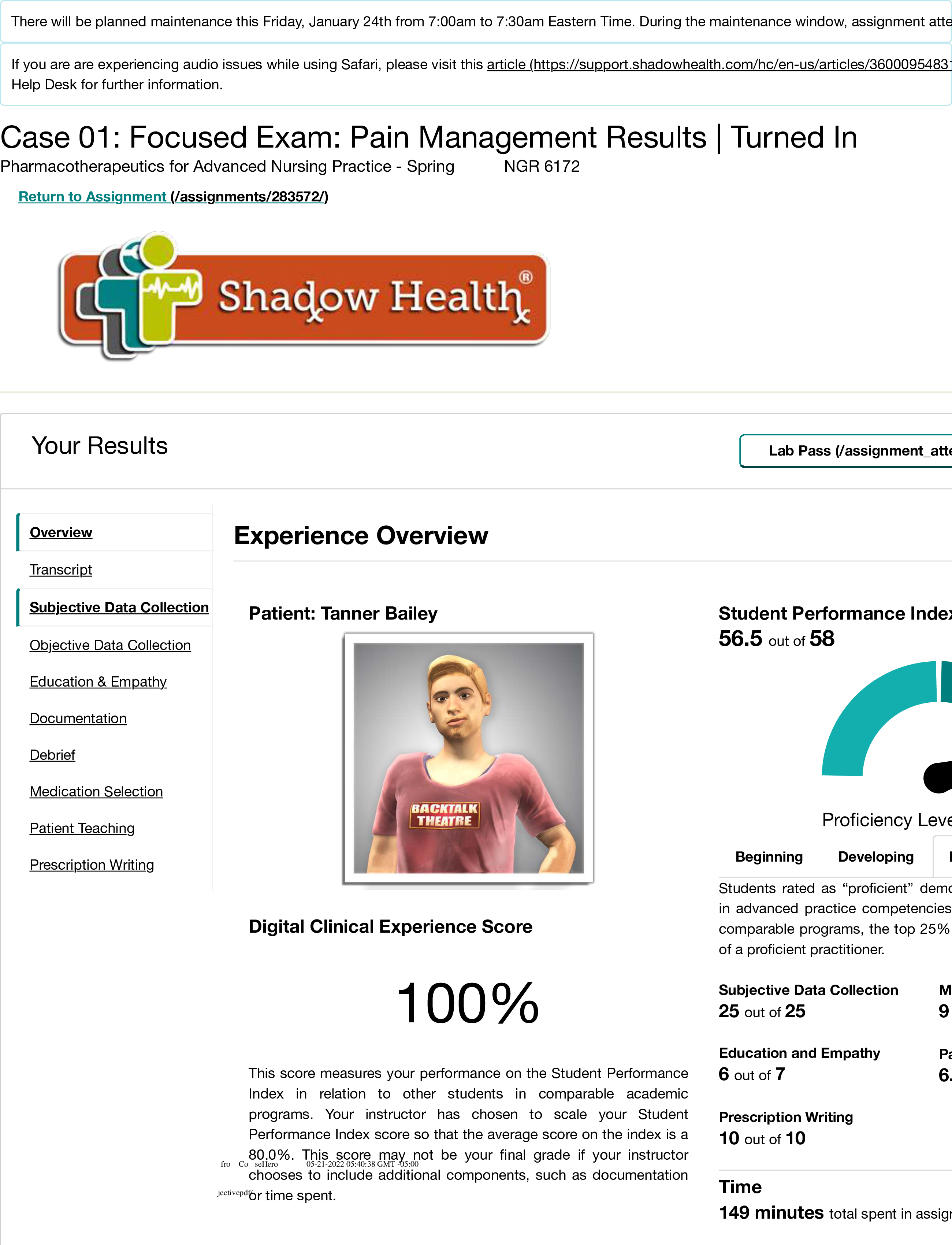 Tanner Bailey Case 01 Debrief - Shadow health health assessment Pharmacotherapeutics for Advanced Nursing Practice