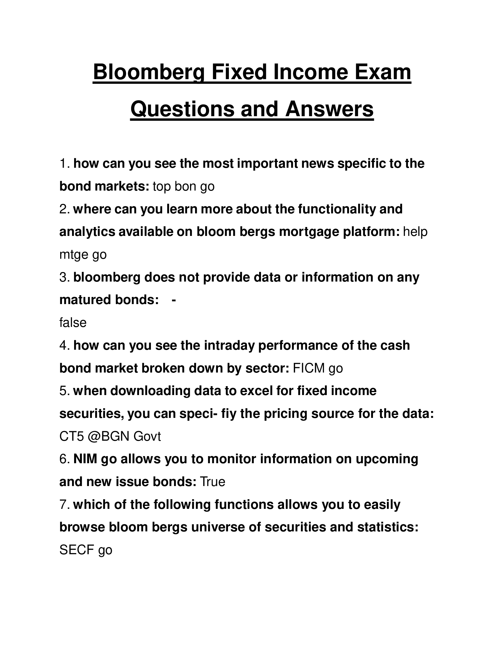 Bloomberg Fixed Income Exam Questions and Answers 2024
