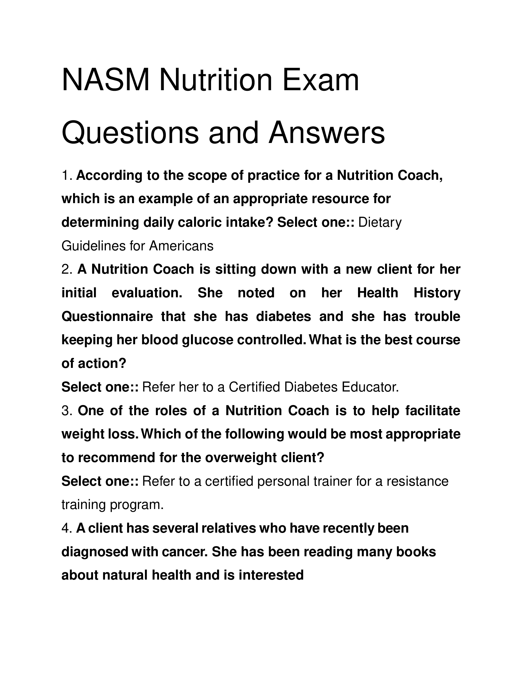 NASM Nutrition Exam Questions and Answers 2026 PDF
