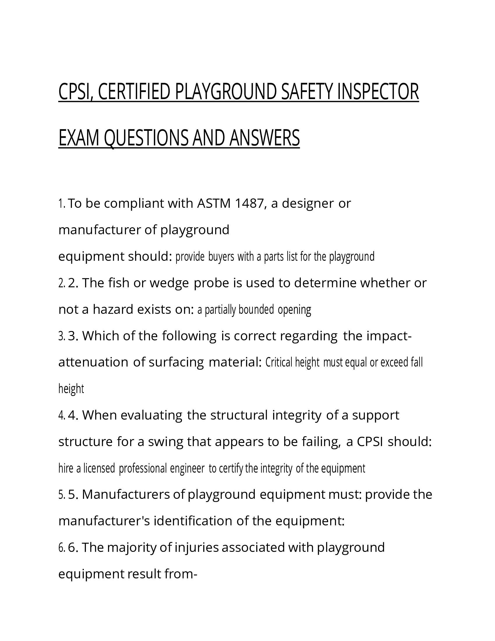 CPSI: Certified Playground Safety Inspector Exam Questions and Answers 2026