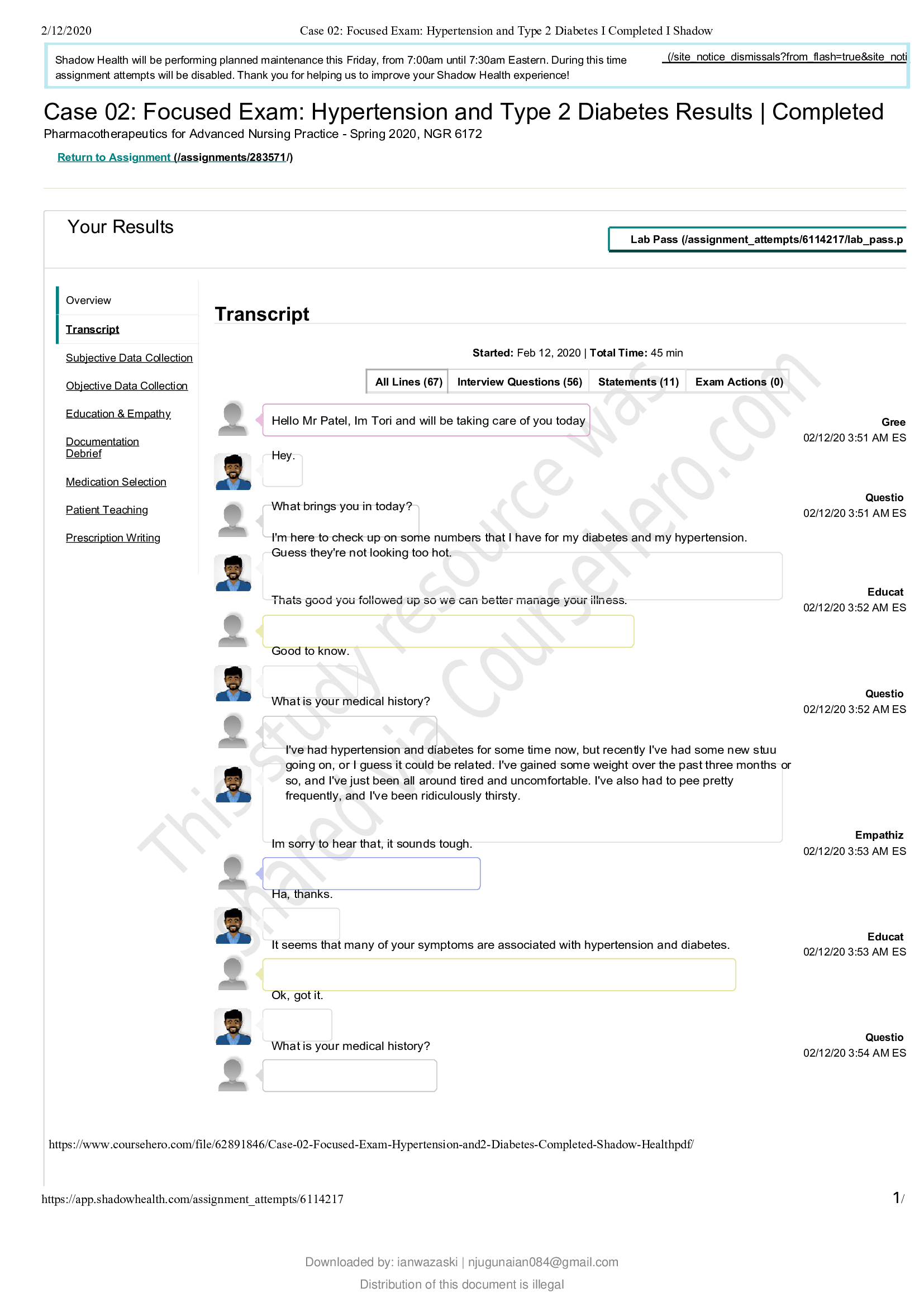 NGR 6172 Case 02: Focused Exam: Hypertension and Type 2 Diabetes Results , Completed Pharmacotherapeutics for Advanced Nursing Practice