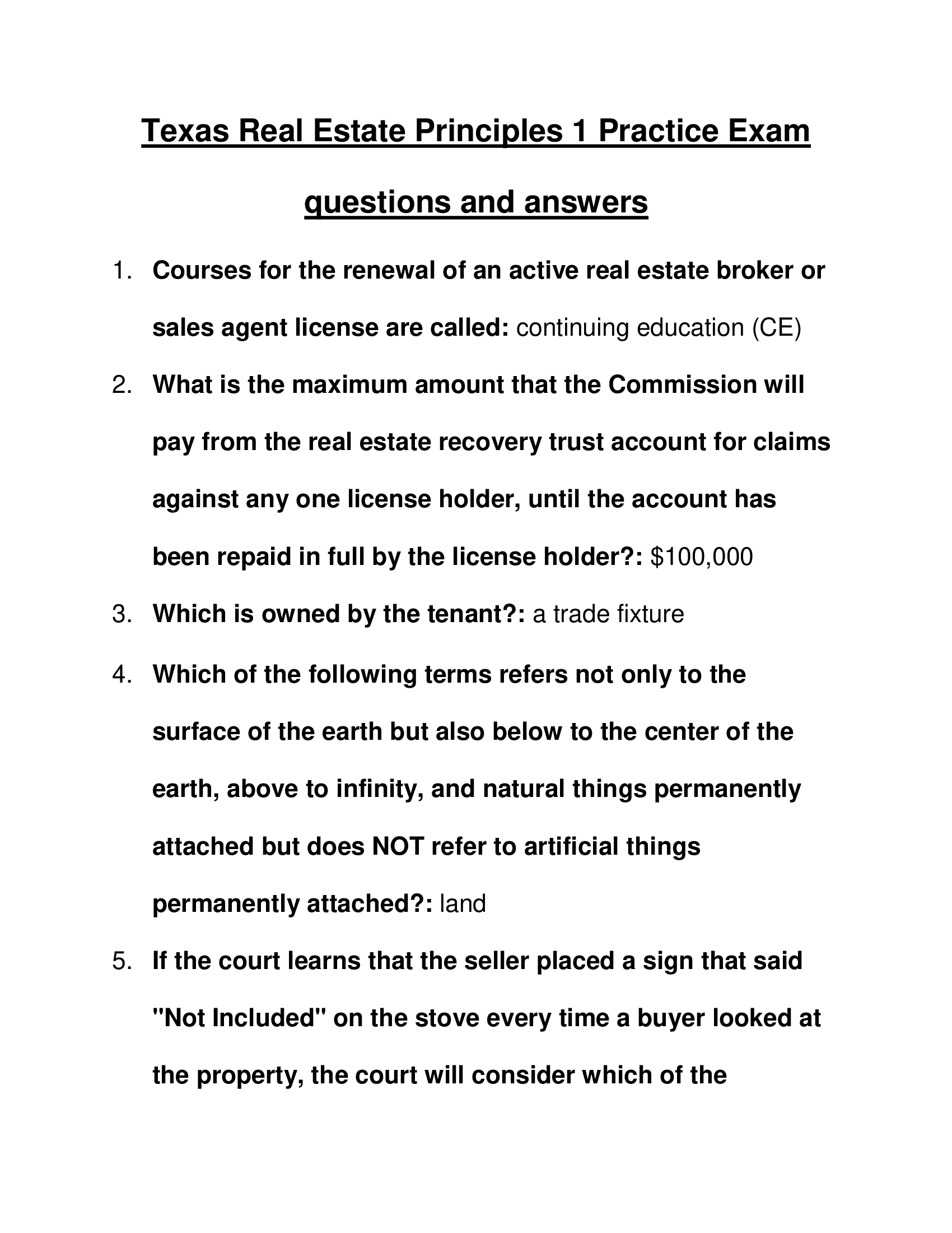 Texas Real Estate Principles 1 Practice Exam questions and answers 2023