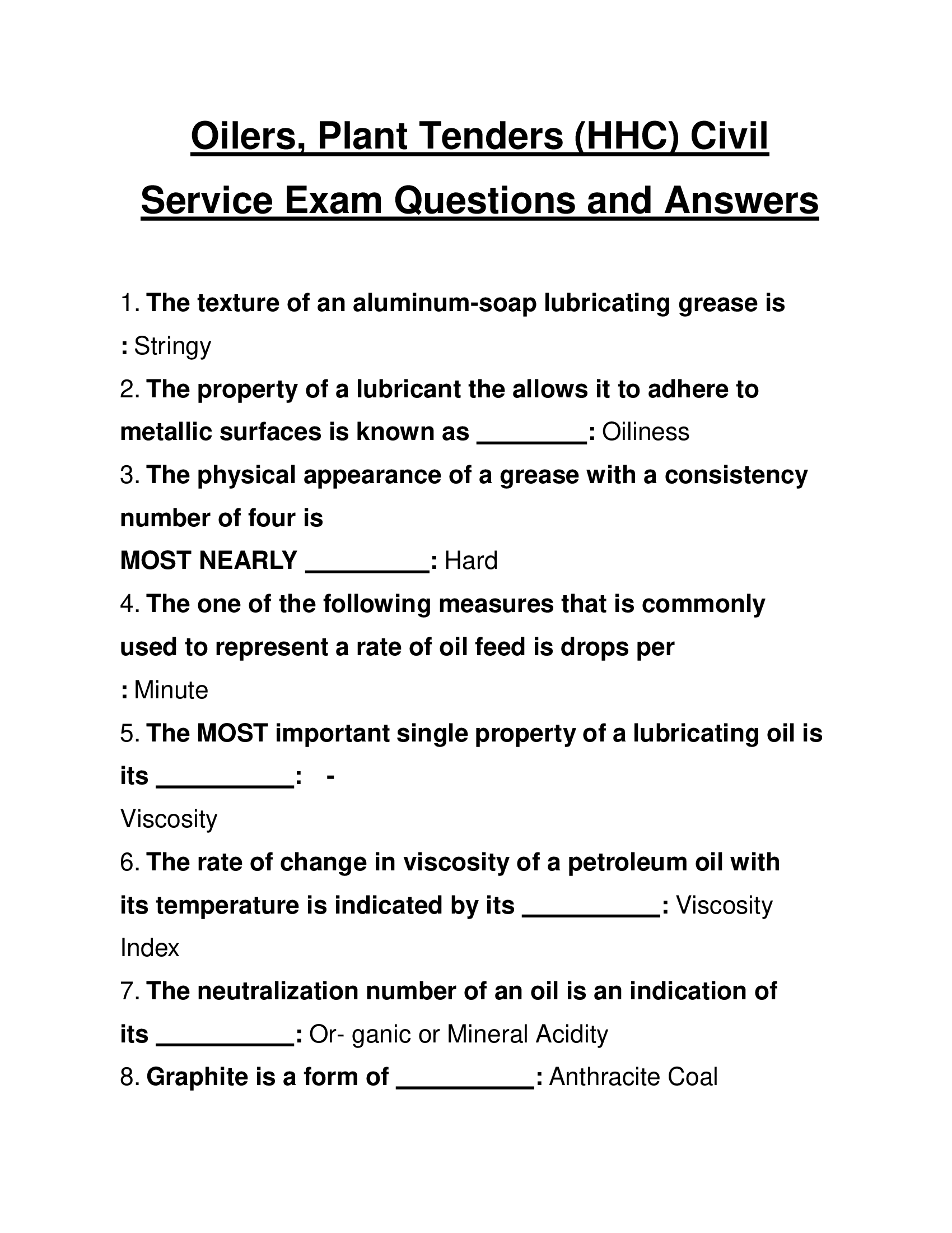 Oilers, Plant Tenders (HHC) Civil Service Exam Questions and Answers 2024