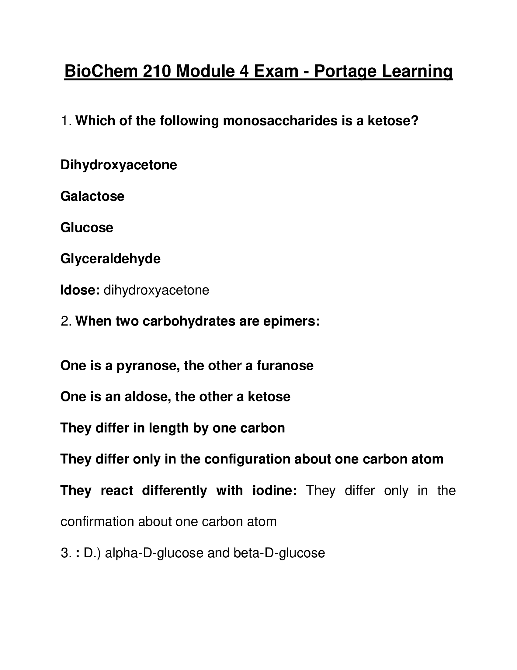 Module 4 Exam - Portage Learning BioChem 210 Questions and Answers 2026