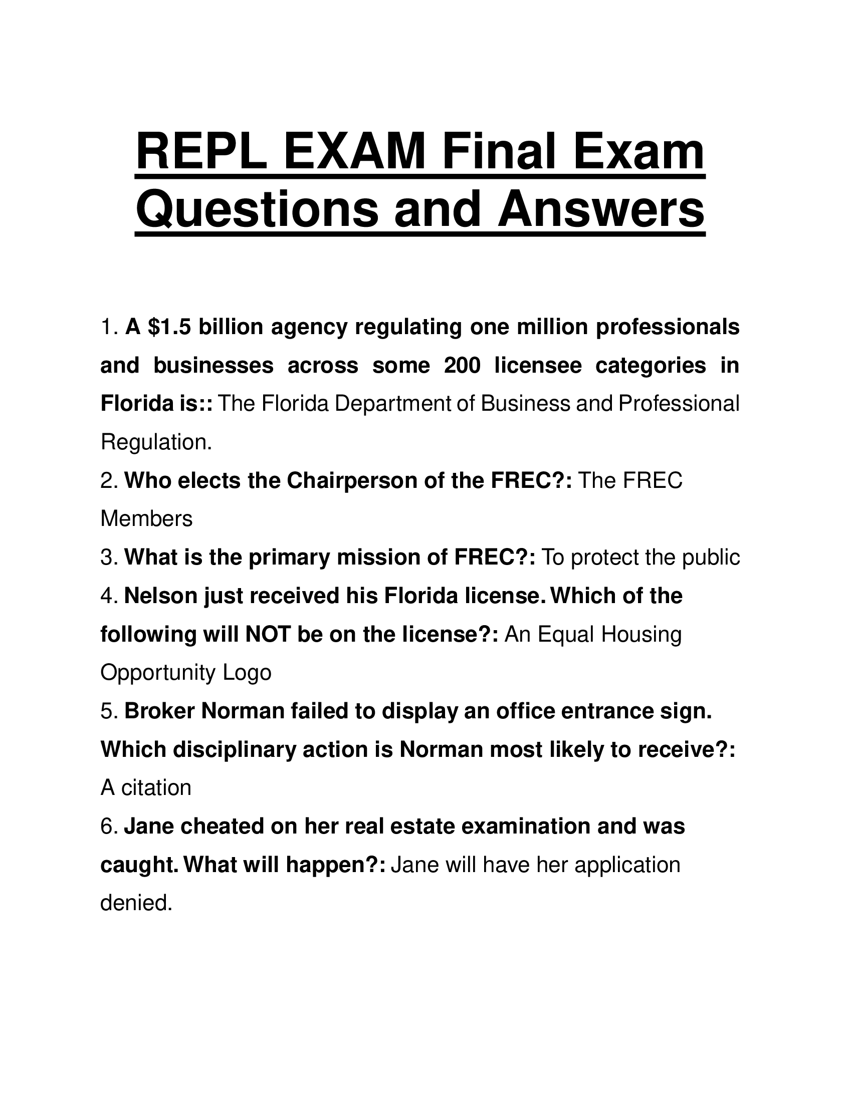 REPL EXAM Final Exam Questions and Answers 2024