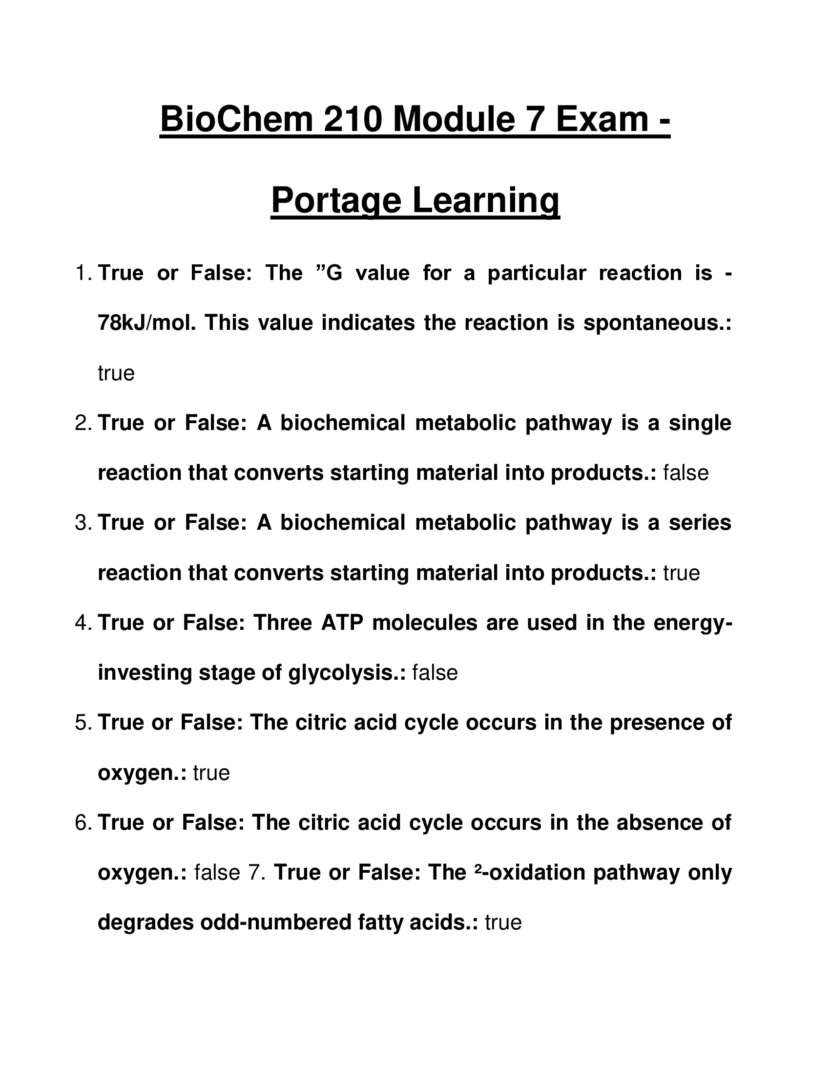 Module 7 Exam  BioChem 210 Portage Learning Questions and Answers 2026
