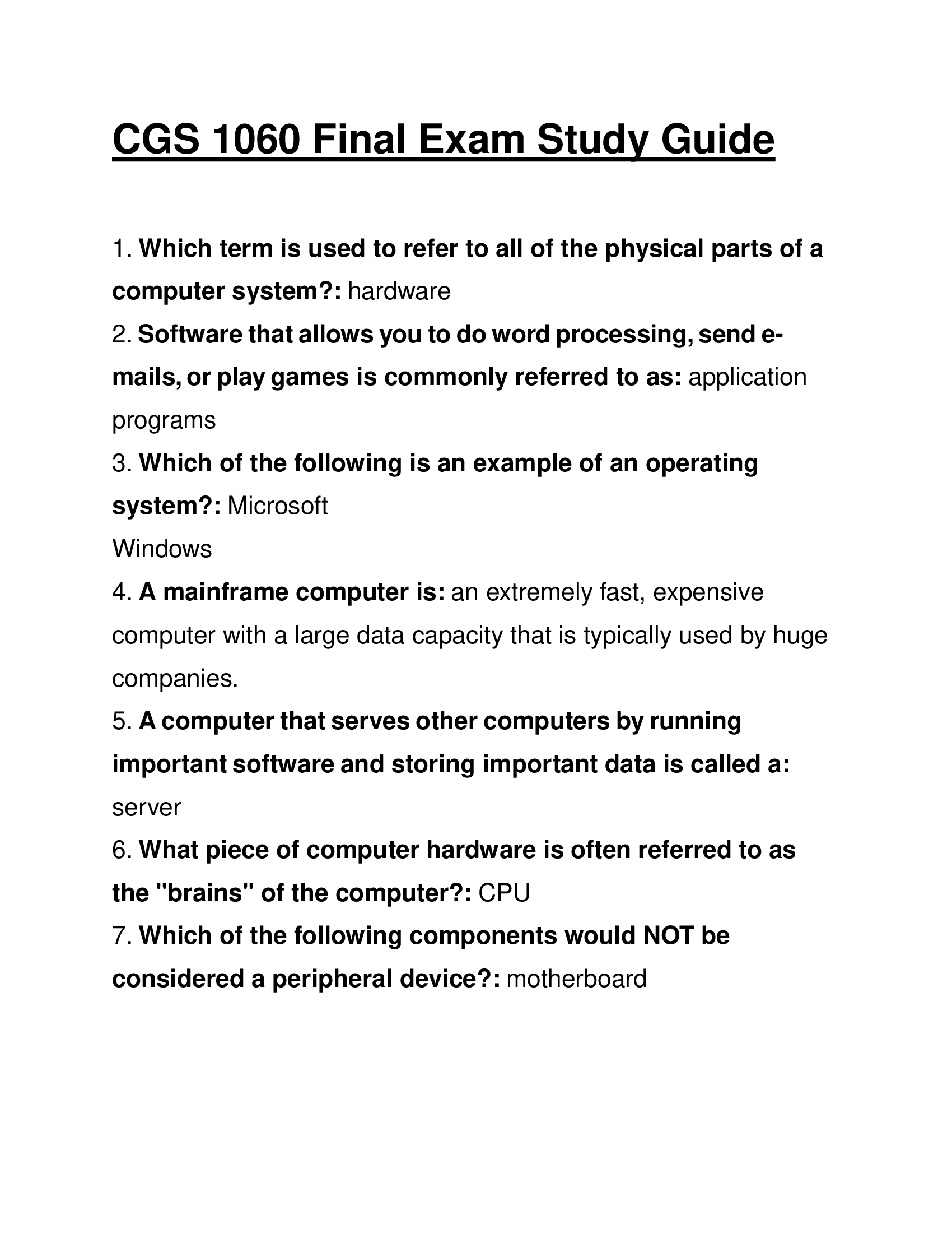 CGS 1060 Final Exam Study Guide
