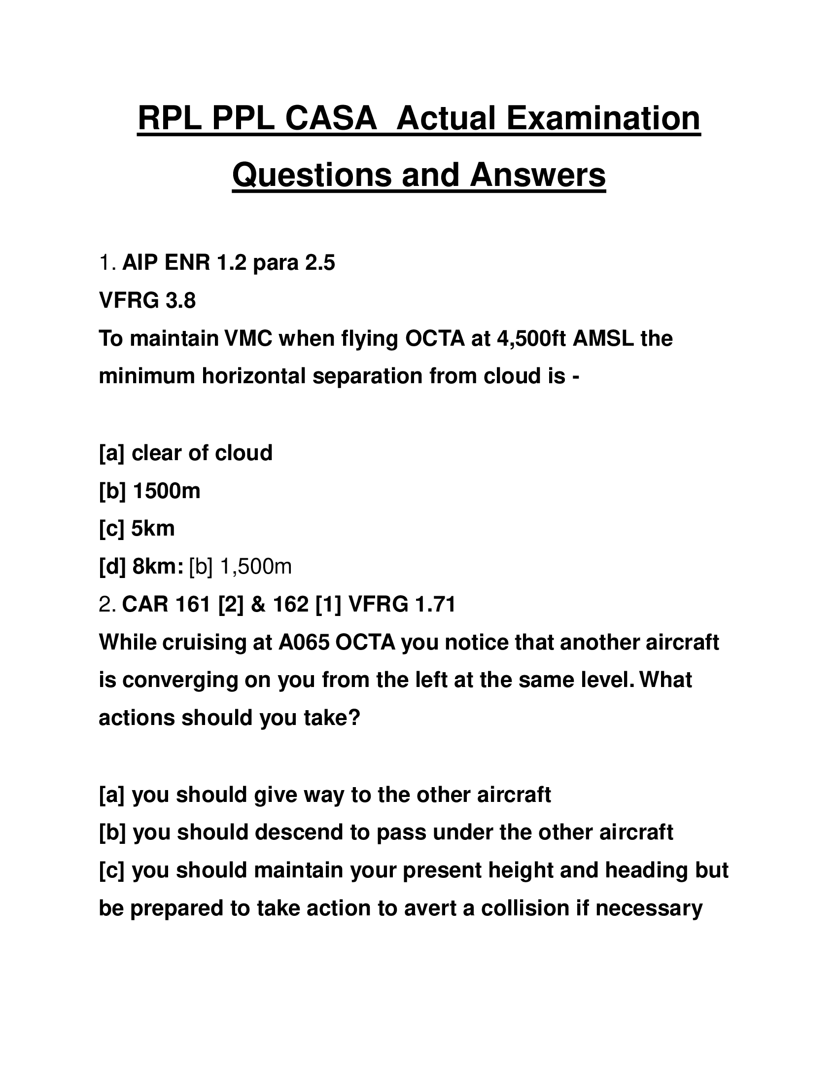 RPL PPL CASA  Actual Examination Questions and Answers 2024