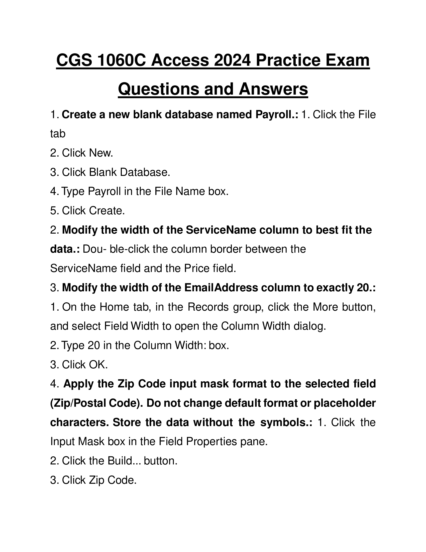 CGS 1060C Access Practice Exam Questions and Answers 2026